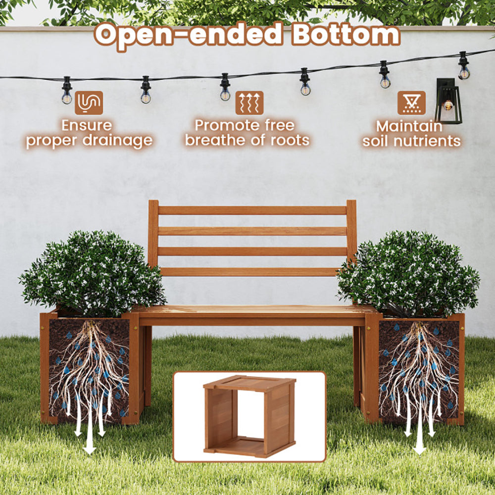 Outdoor Planter Box Wooden Bench Set With 2 Open-ended Planter Boxes And Salt Backrest For Various Outdoor Spaces Like B