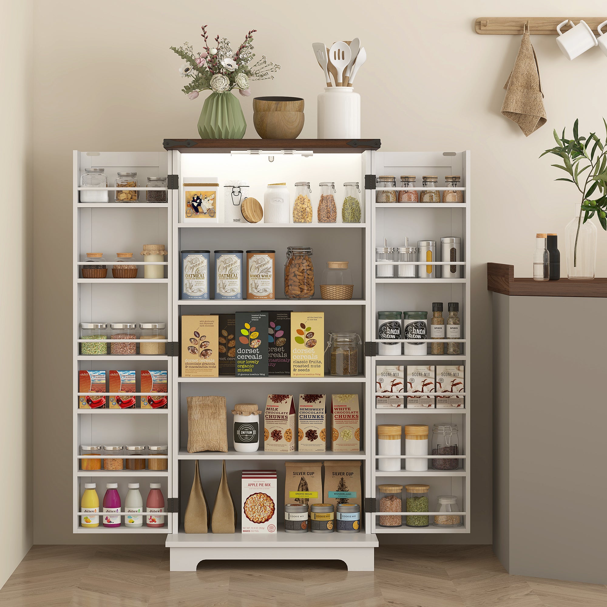 47" Kitchen Cabinet with Sensing LED Light, Kitchen Pantry Cabinet with Doors, Adjustable Shelves, Door Shelves, White