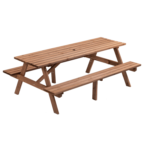 8 Person Brown Wooden Picnic Table, Outdoor Camping Dining Table With 2 Seats, Garden, DIY With 2 Built-in Benches, 2220