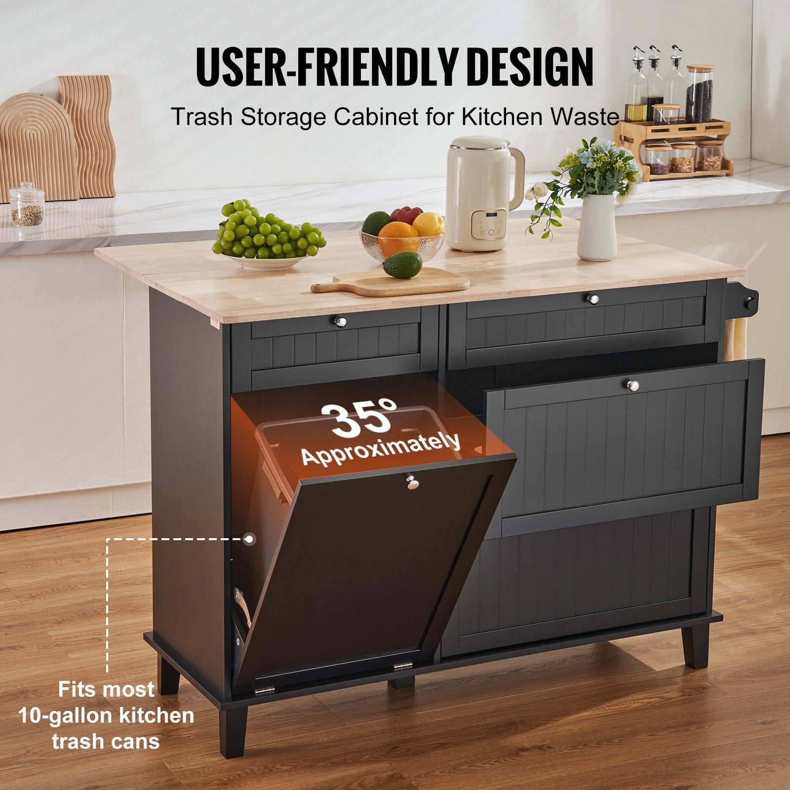 Kitchen Island Cart Storage Cabinet Serving With Drawer & Trash Cabinet
