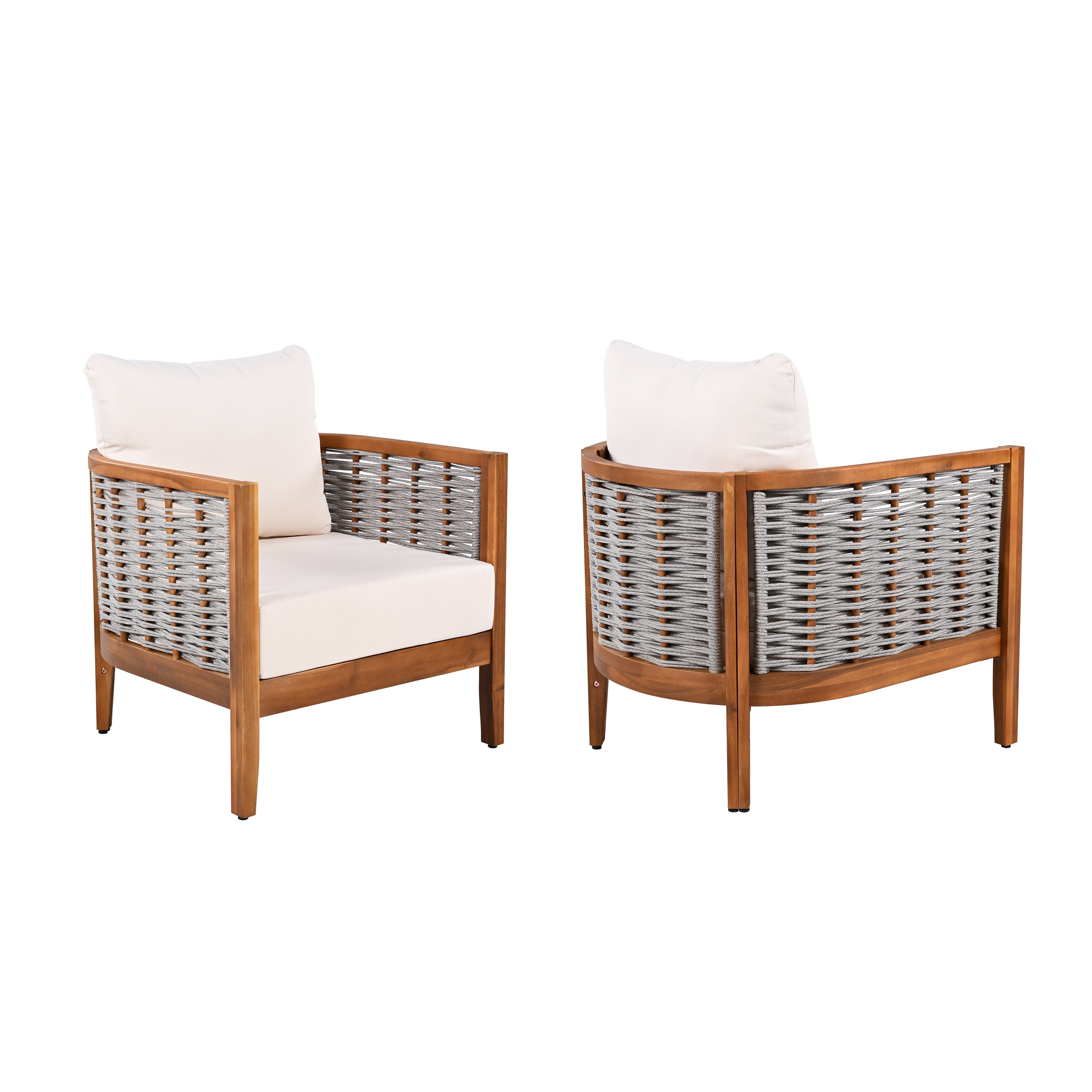 2 Pieces Outdoor Unique Tub Design Armchair With Woven Rope, Patio Furniture Acacia Wood Chair, Deep Seating With Soft C
