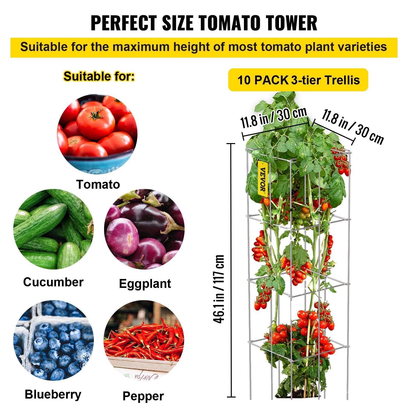 Tomato Cages, 11.8' X 11.8' X 46.1', 10 Packs Square Plant Support Cages, Silver PVC-Coated Steel Tomato Towers For Clim
