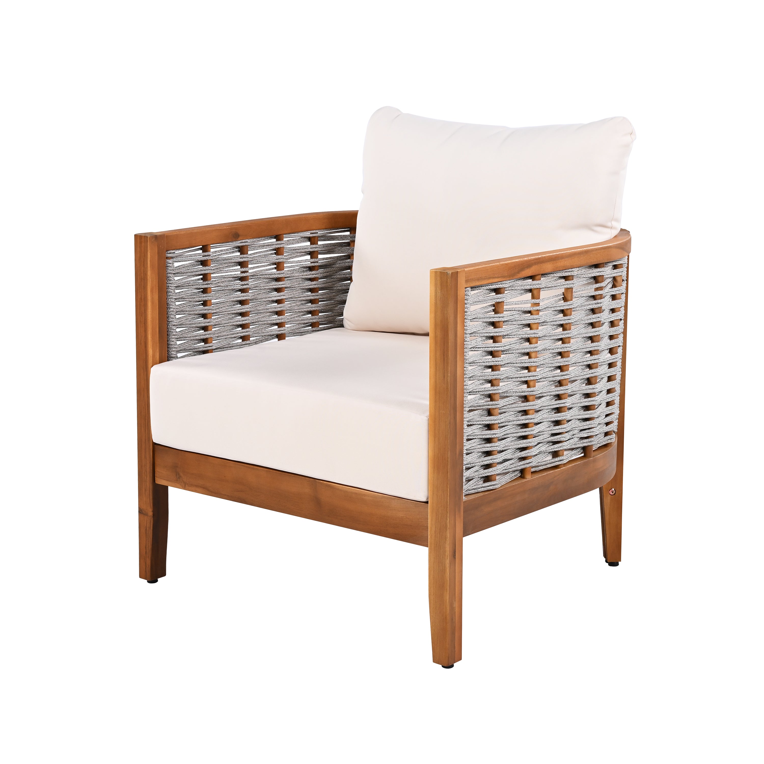 Outdoor Unique Tub Design Armchair With Woven Rope, Patio Furniture Acacia Wood Chair,  Deep Seating With Soft Cushions
