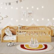 Full Montessori Floor Bed Frame With High Rails, Wood Kids Floor Beds With Light And Storage Shelf, Natural Expect Arriv
