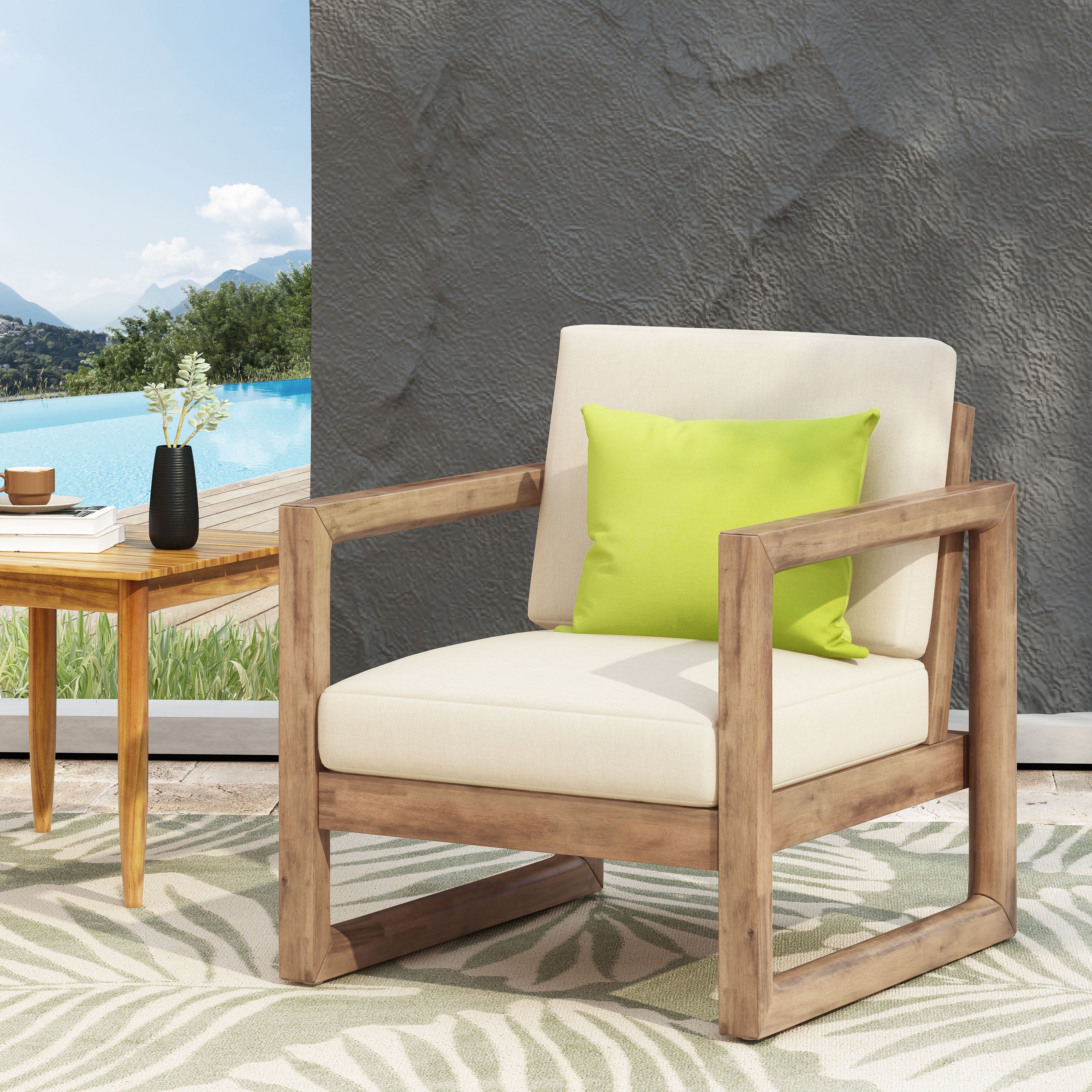 Outdoor Acacia Wood Patio Club Chair, Wood Patio Furniture,Waterproof Thick Cushion Deep Seating For Porch, Garden, Back