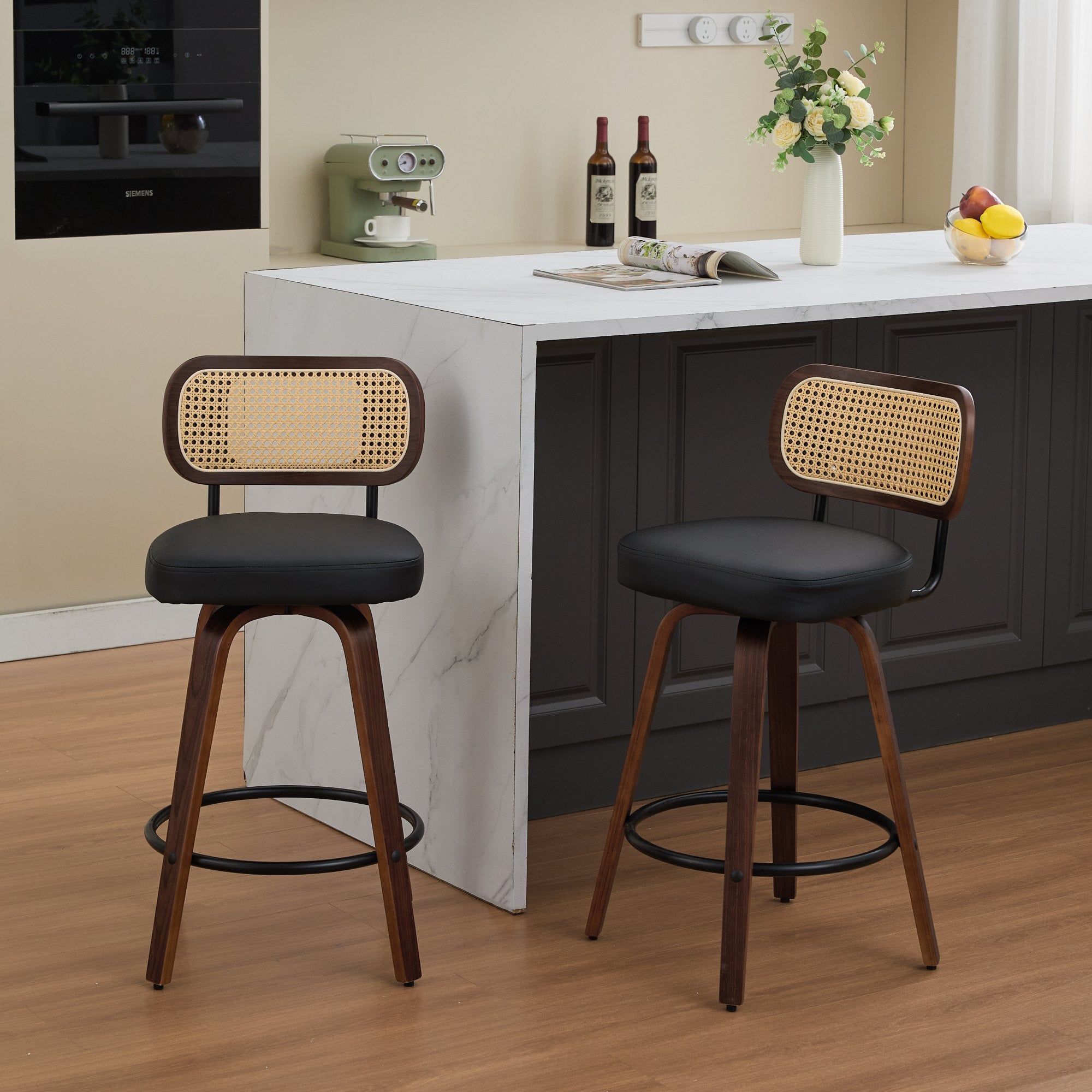Set Of 2 Counter Height Bar Stools - 26 Inch Rattan Counter Height Stools With Cane Back, Upholstered Seat, Walnut Craft