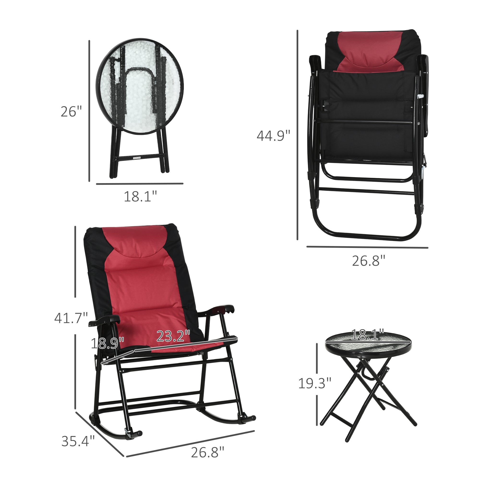3 Piece Outdoor Patio Furniture Set with Glass Coffee Table & 2 Folding Padded Rocking Chairs, Bistro Style for Porch, C
