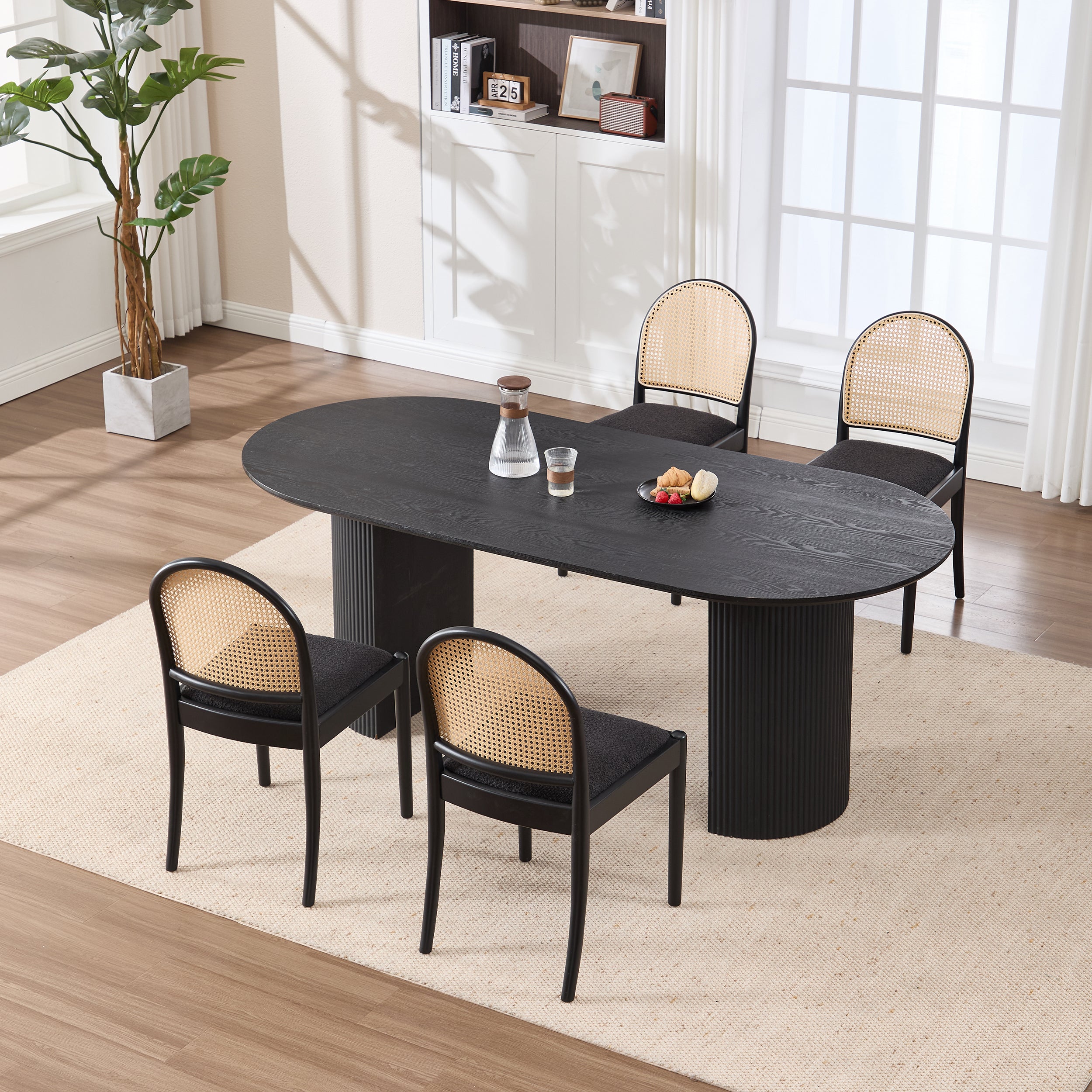 Rattan Dining Chairs Set of 2, Upholstered Linen Dining Room Chairs with Backrests, Modern Kitchen Chairs with Wood Legs