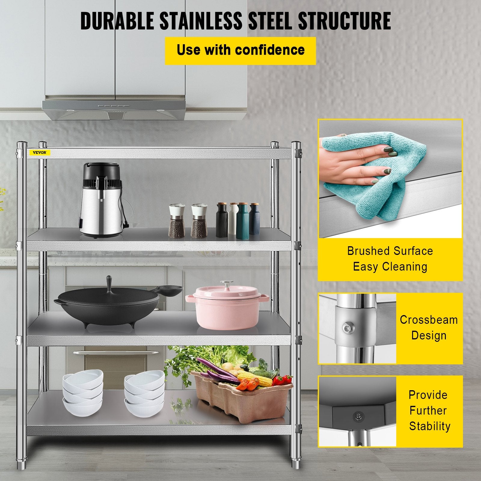 Stainless Steel Shelving 46.8x18.5 Inch 4 Tier Adjustable Shelf Storage Unit Stainless Steel Heavy Duty Shelving For Kit