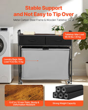 3 Section Laundry Sorter, Rolling Laundry Hamper With 2 Drawers, Hooks & Wheels, Rolling Basket Organizer Storage With P