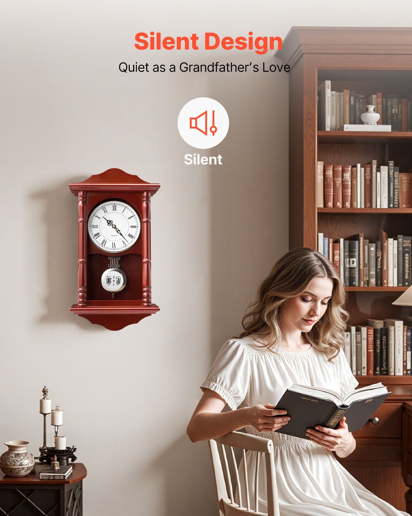 Grandfather Clock, 18 In Classic Vintage Pendulum Clock, Pine Wood & MDF Wall Clocks With Quartz Movement And Quiet Desi