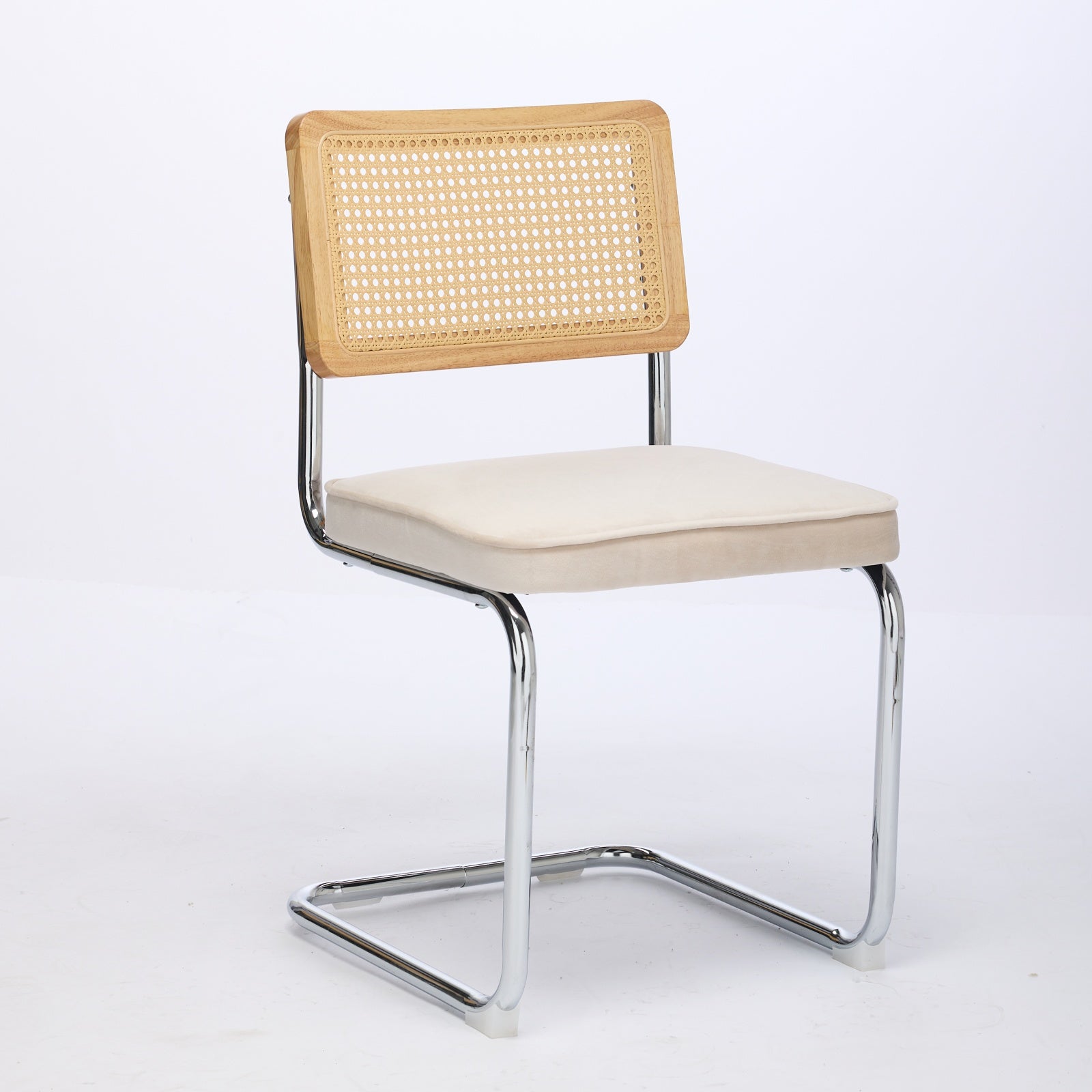 Mid Century Modern Dining Chairs Set Of 2, Velvet Accent Chairs With Natural Cane Back & Stainless Chrome Base, Famous B