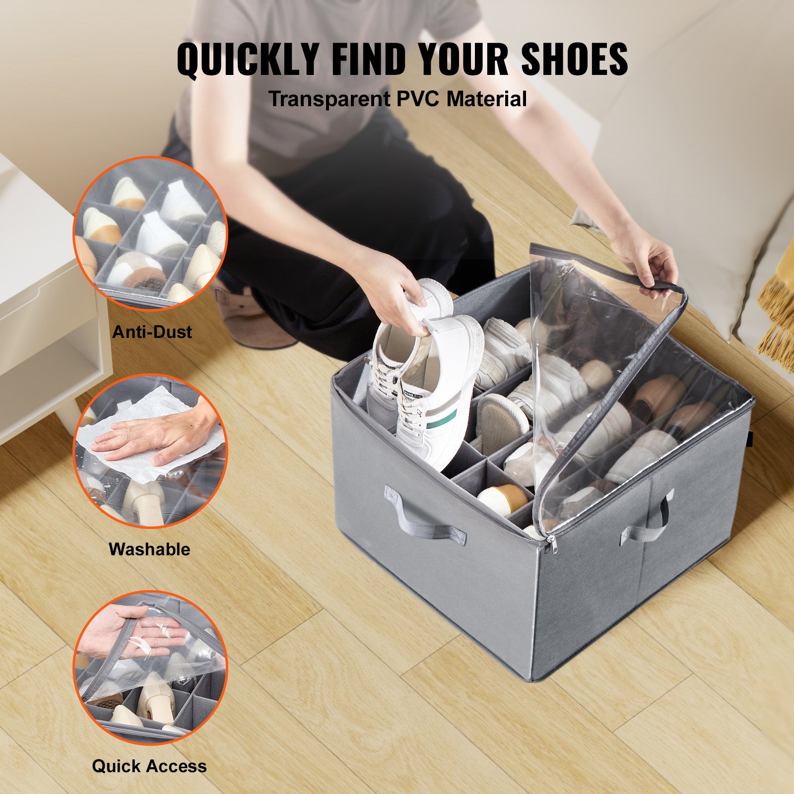Vevor Sturdy Under Bed Shoe Storage Organizer, Adjustable Dividers Fit 16 Compartments, Shoe Storage Organizer For Close