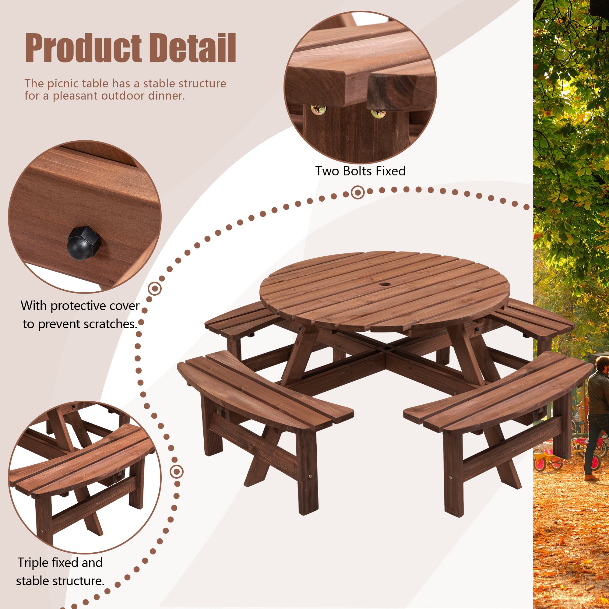 8 Person Wooden Picnic Table, Outdoor Camping Dining Table With Seat, Garden, DIY W  4 Built-in Benches, 2220lb Capacity