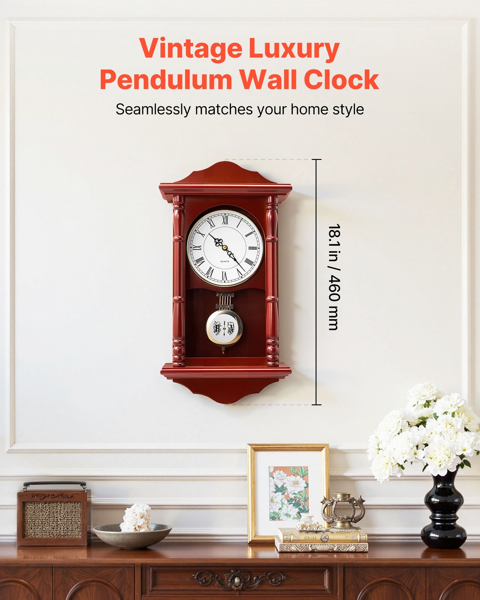 Grandfather Clock, 18 In Classic Vintage Pendulum Clock, Pine Wood & MDF Wall Clocks With Quartz Movement And Quiet Desi