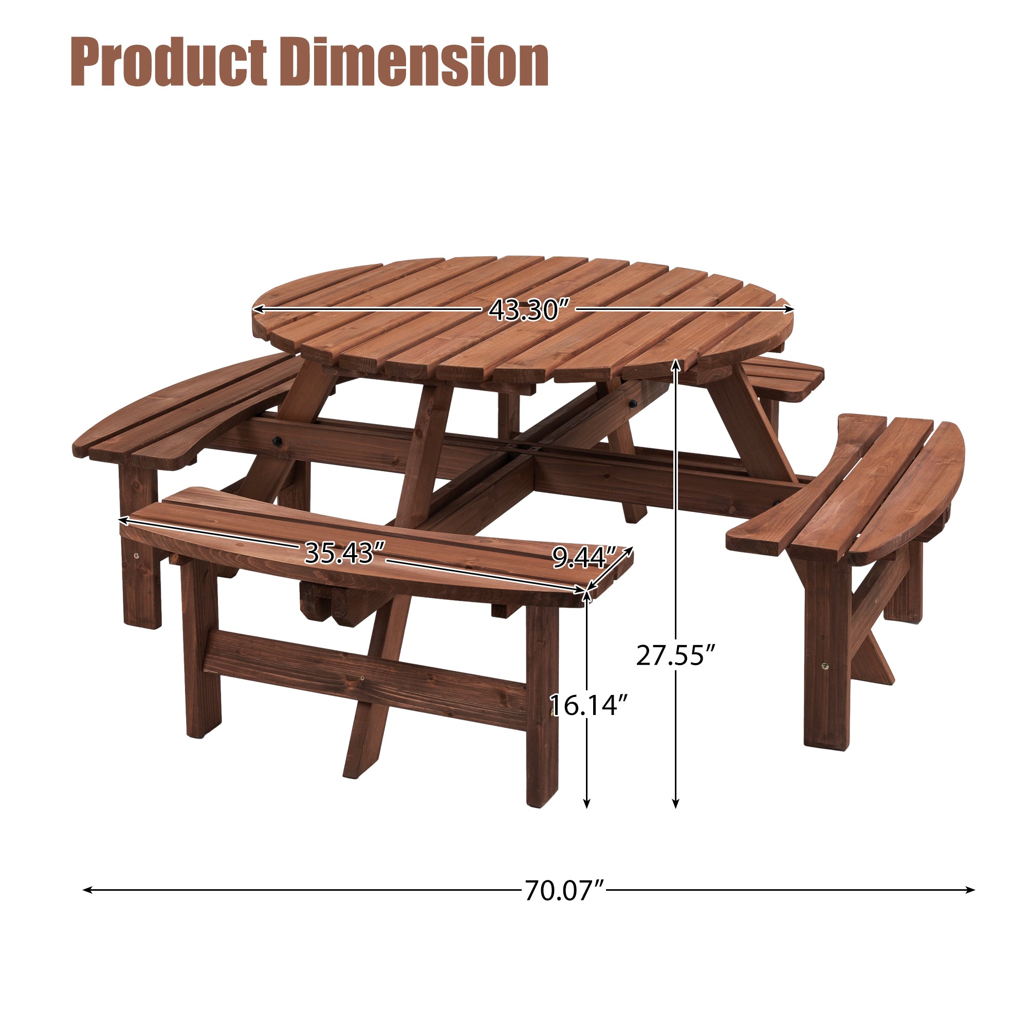 8 Person Wooden Picnic Table, Outdoor Camping Dining Table With Seat, Garden, DIY W  4 Built-in Benches, 2220lb Capacity