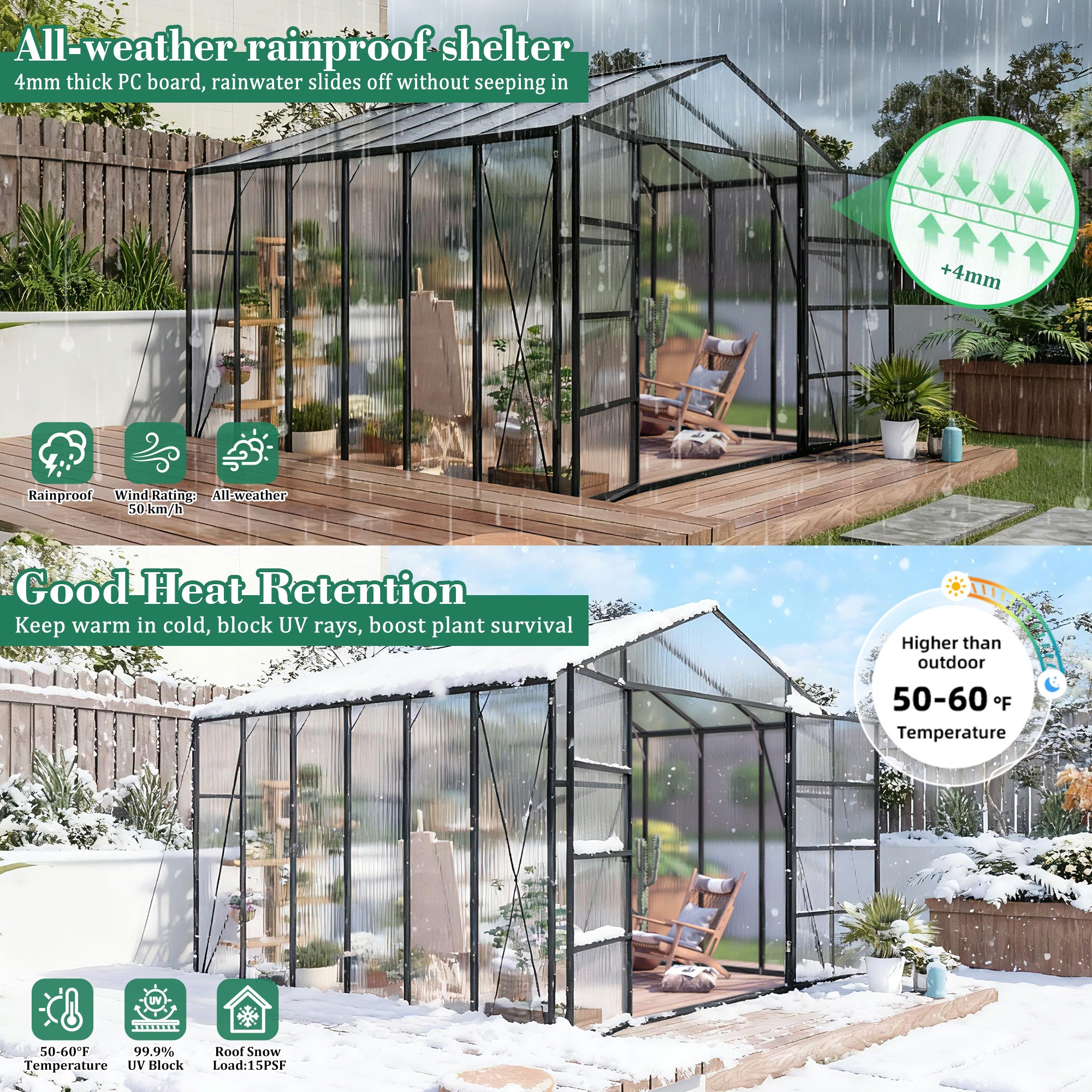 Newly Marketed Gain Height Windproofaluminum Greenhouse 10x12 FT Polycarbonate Greenhouse Raised Base And Anchor Aluminu