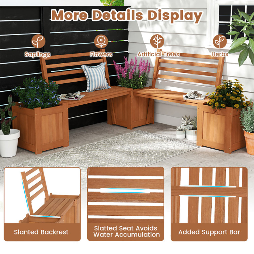 Outdoor Planter Box Wooden Bench Set With 2 Open-ended Planter Boxes And Salt Backrest For Various Outdoor Spaces Like B
