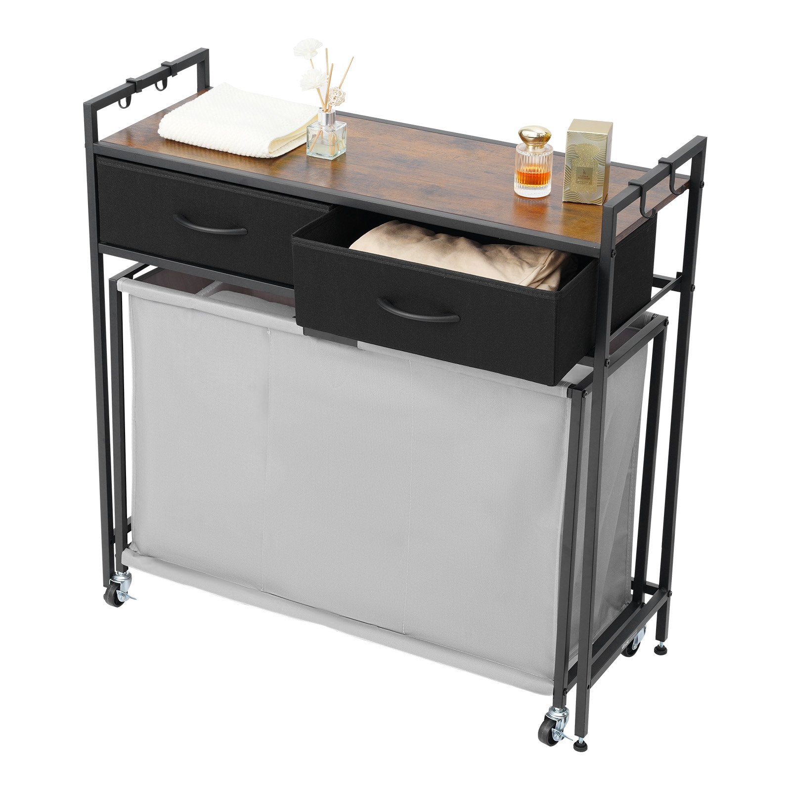 3 Section Laundry Sorter, Rolling Laundry Hamper With 2 Drawers, Hooks & Wheels, Rolling Basket Organizer Storage With P