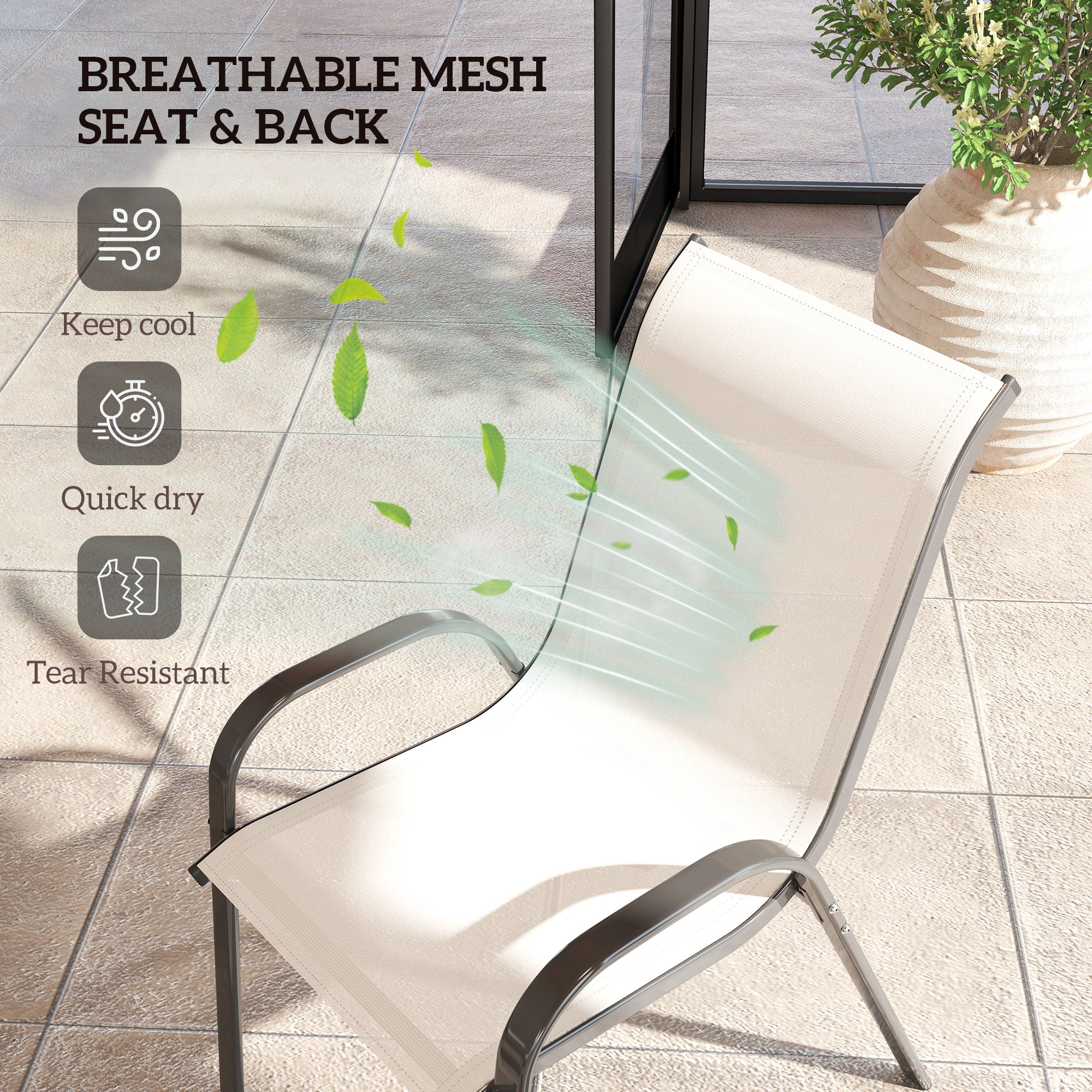 Set Of 4 Outdoor Dining Chairs, Stackable Patio Chairs With High Back, Breathable Mesh Seat For Garden Lawn, Beige