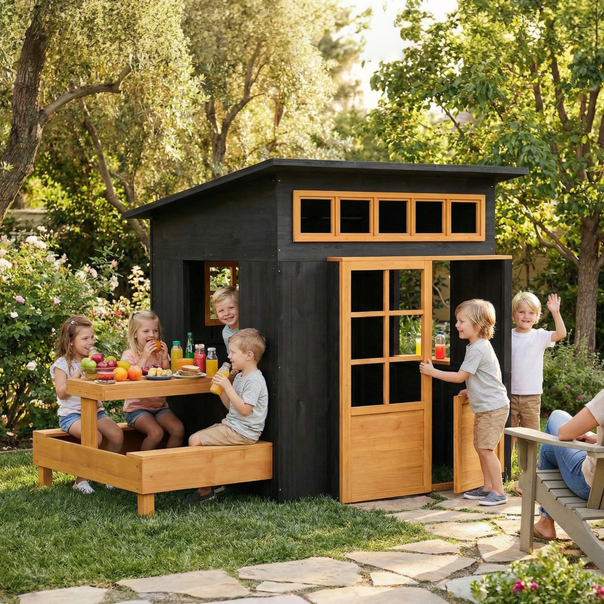 Outdoor Playhouse, Wooden Kids Playhouse W/ Picnic Table & Benches