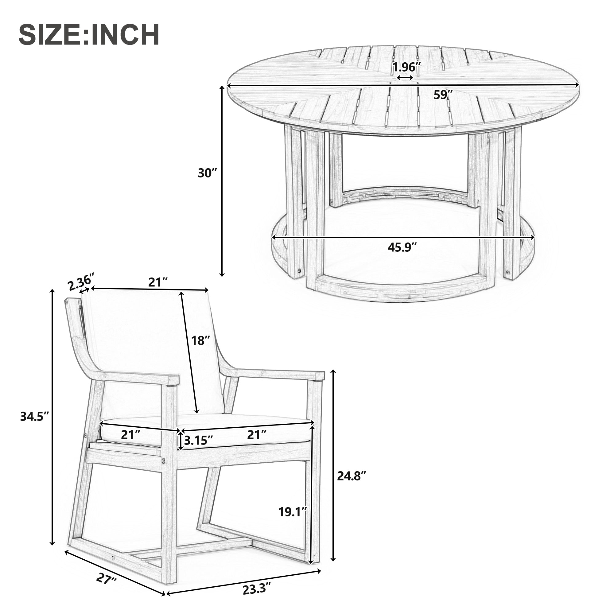 TREXM Patio Dining Table Set For 6  Round Dining Table With 1.96 Umbrella Hole  Outdoor Wooden Patio Furniture Set With Removable Cushions For Garden  Backyard And Pools  Mocha Beige Cushion