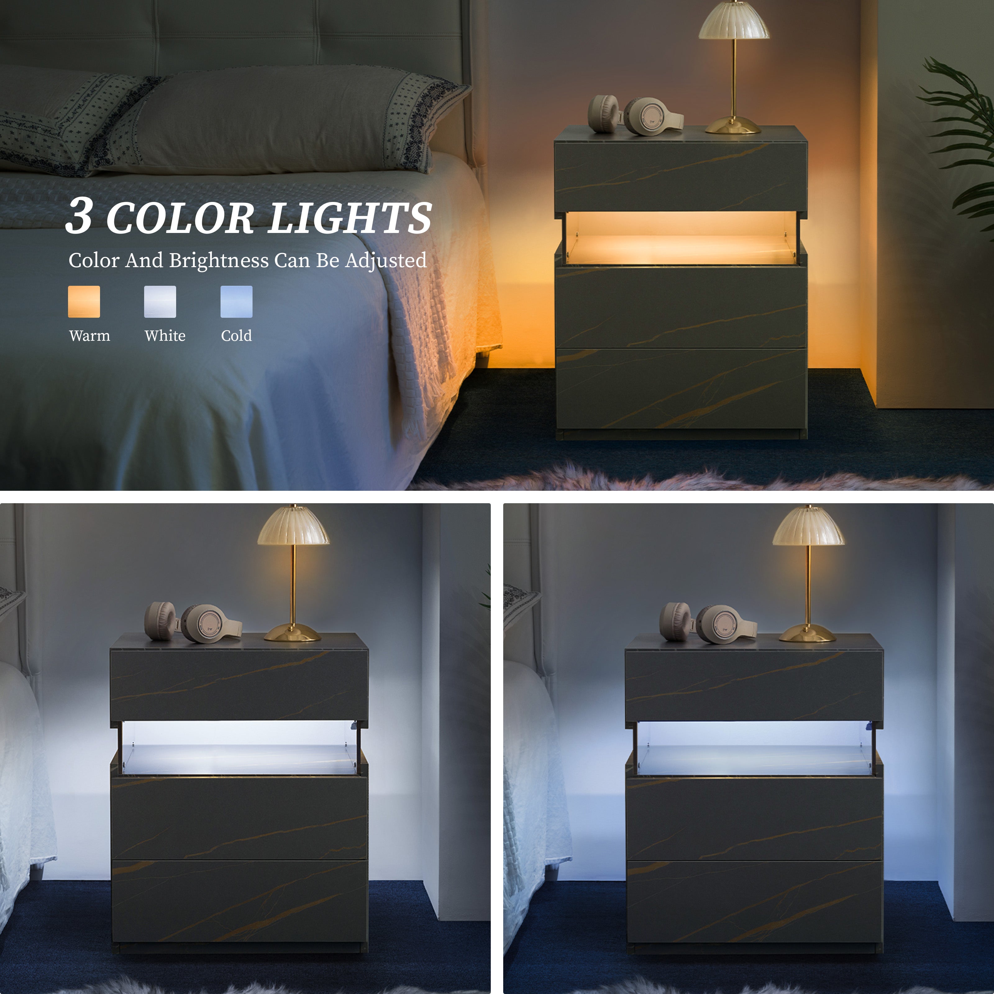 LED Nightstands 3 Drawer Dresser For Bedroom End Table With Acrylic Board LED Bedside Tables For Bedroom Living Room Bed