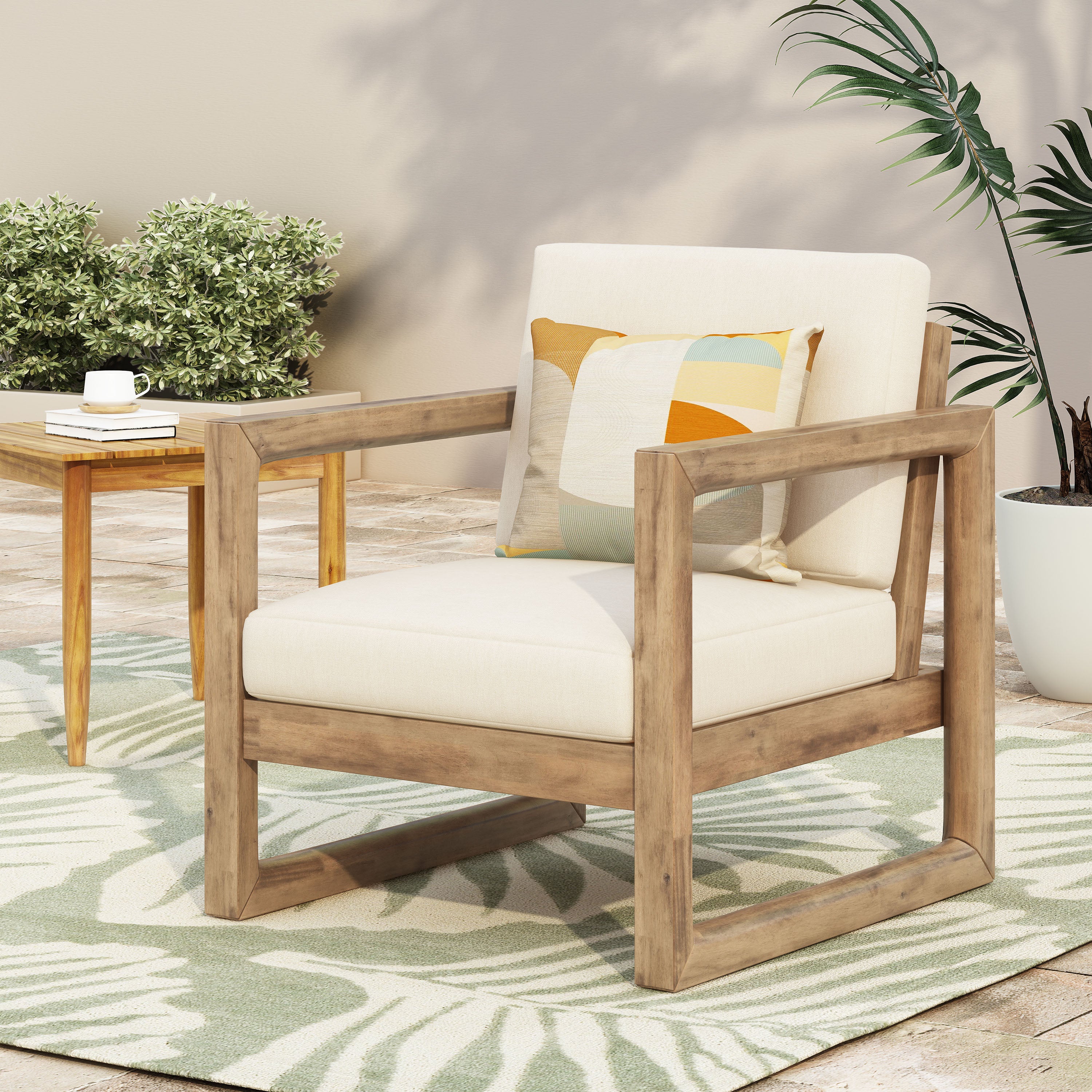 Outdoor Acacia Wood Patio Club Chair, Wood Patio Furniture,Waterproof Thick Cushion Deep Seating For Porch, Garden, Back
