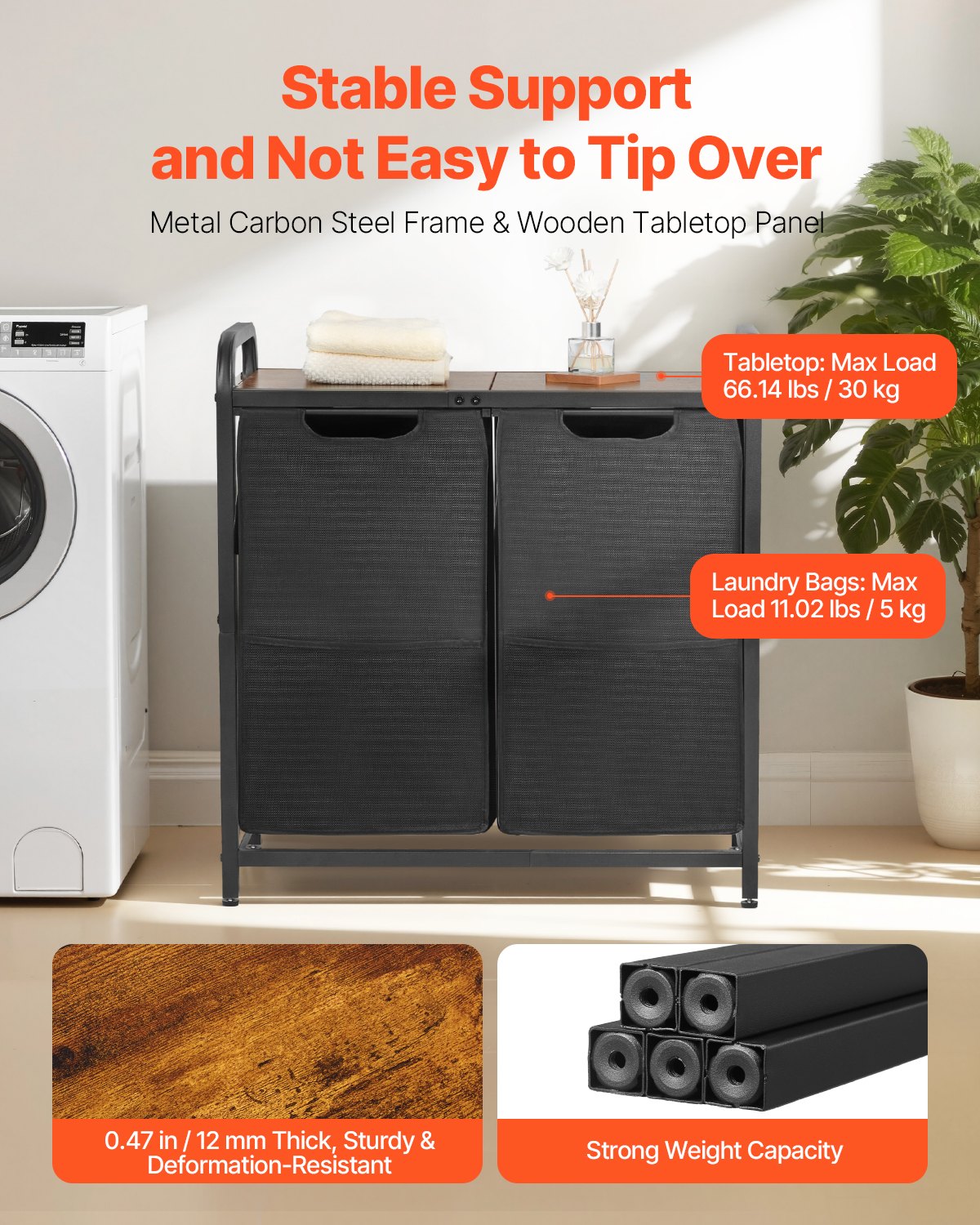 2 Section Laundry Sorter, Large Laundry Hamper With Metal Frame And Wooden Tabletop, Freestanding Storage Organizer Bask