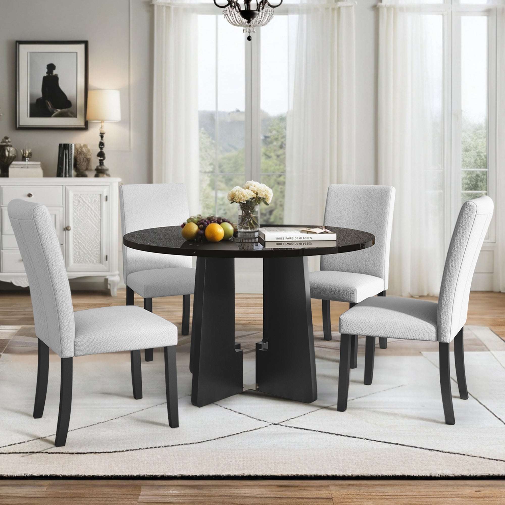 5-Piece Round Dining Table Set, 43-Inch Modern Dining Table And 4 Upholstered Chairs For Dining Room, Kitchen Room, Livi