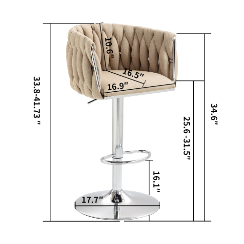 360 Fabric Cover Swivel Bar Stools Set Of 2, Adjustable Counter Height Bar Chairs With Woven Back & Footrest, Silver Chr