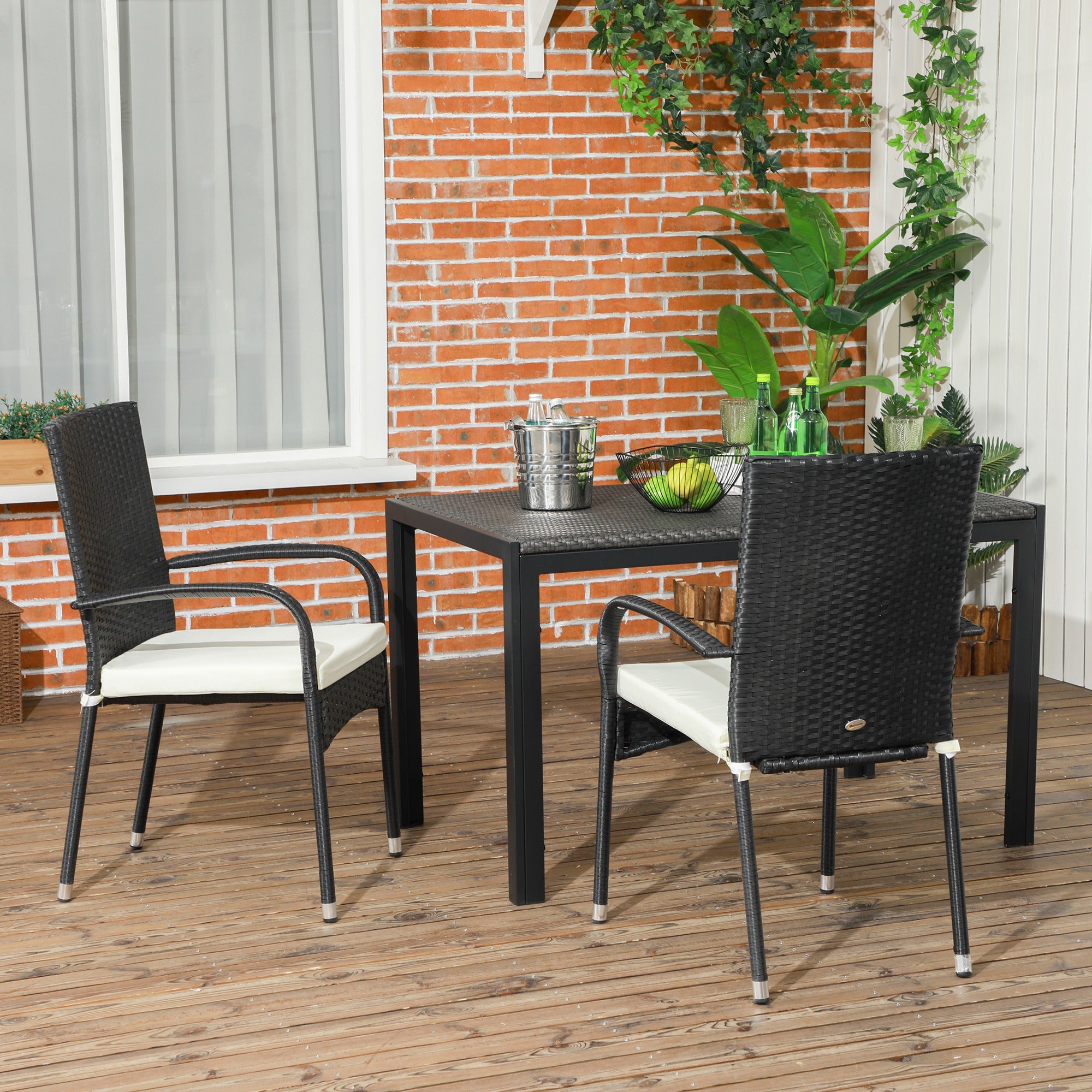 Stackable PE Rattan Outdoor Dining Chairs With Cushion, Patio Wicker Dining Chair With Armrests & Backrest, Cream White