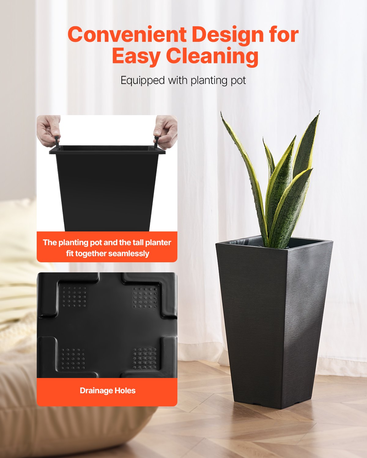 Set Of 2 Tall Outdoor Planters 22inch, Large Planters For Outdoor Indoor Plants, Black Front Porch Planters Flower Tree