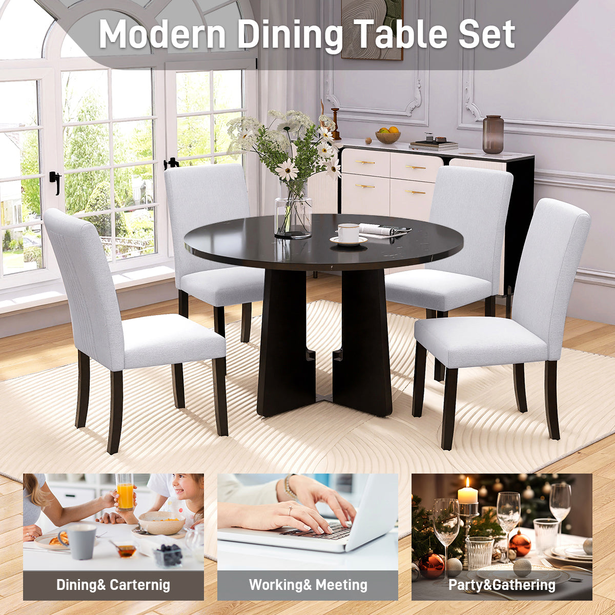 5-Piece Round Dining Table Set, 43-Inch Modern Dining Table And 4 Upholstered Chairs For Dining Room, Kitchen Room, Livi