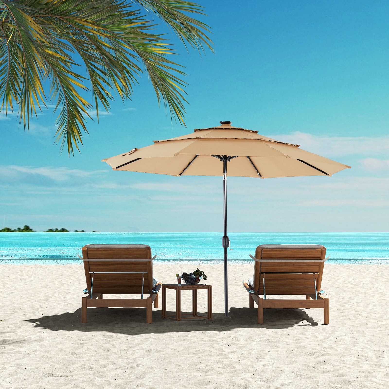 10FT 3-Tier Solar Patio Umbrella With 32 LED Lights, Outdoor Umbrellas With Push Button Tilt And Crank