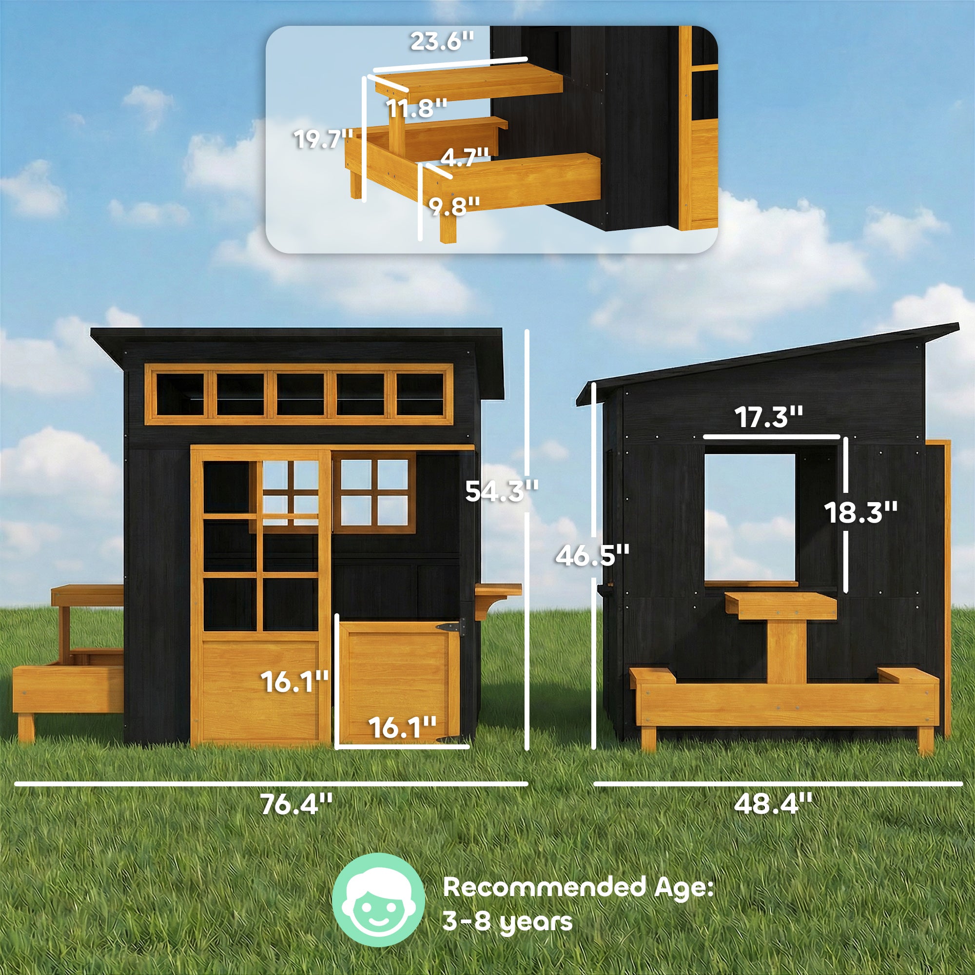 Outdoor Playhouse, Wooden Kids Playhouse W/ Picnic Table & Benches