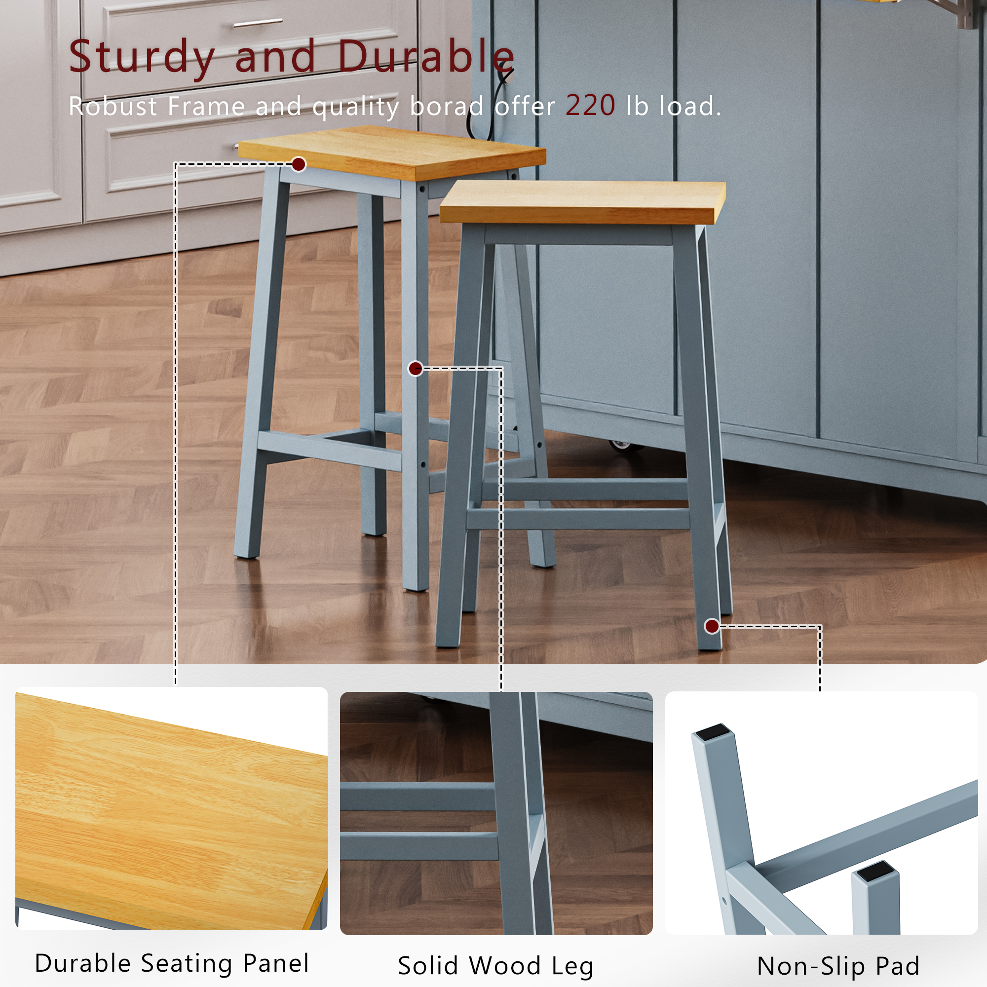 K&K Solid Wood Bar Stools  Not Cheap Iron , 25.6  Tall Set Of 2 Bar Chairs, Kitchen Counter Stools With Footrests, Farmh