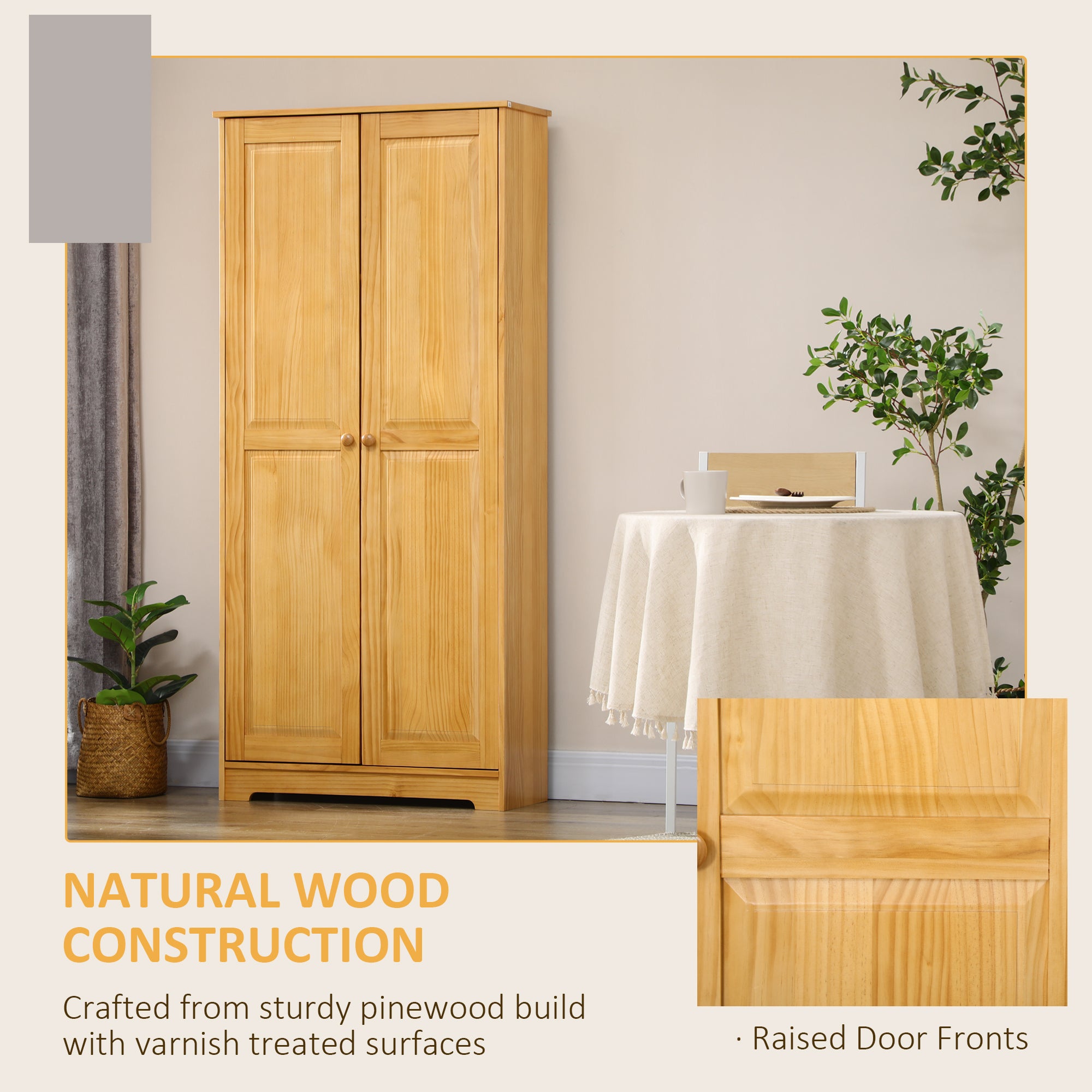 67" Pinewood Kitchen Pantry Storage Cabinet, Freestanding Cabinets with Doors and Shelves, Dining Room