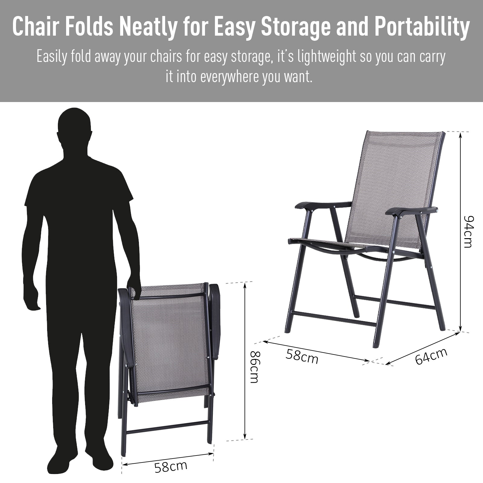 Set of 2 Outdoor Folding Chairs, Stackable Patio Dining Chairs with Armrests, Metal Frame, Gray