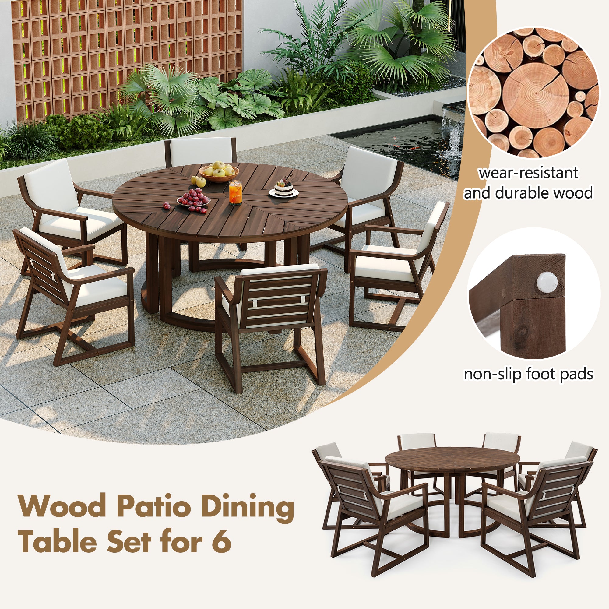 TREXM Patio Dining Table Set For 6  Round Dining Table With 1.96 Umbrella Hole  Outdoor Wooden Patio Furniture Set With Removable Cushions For Garden  Backyard And Pools  Mocha Beige Cushion