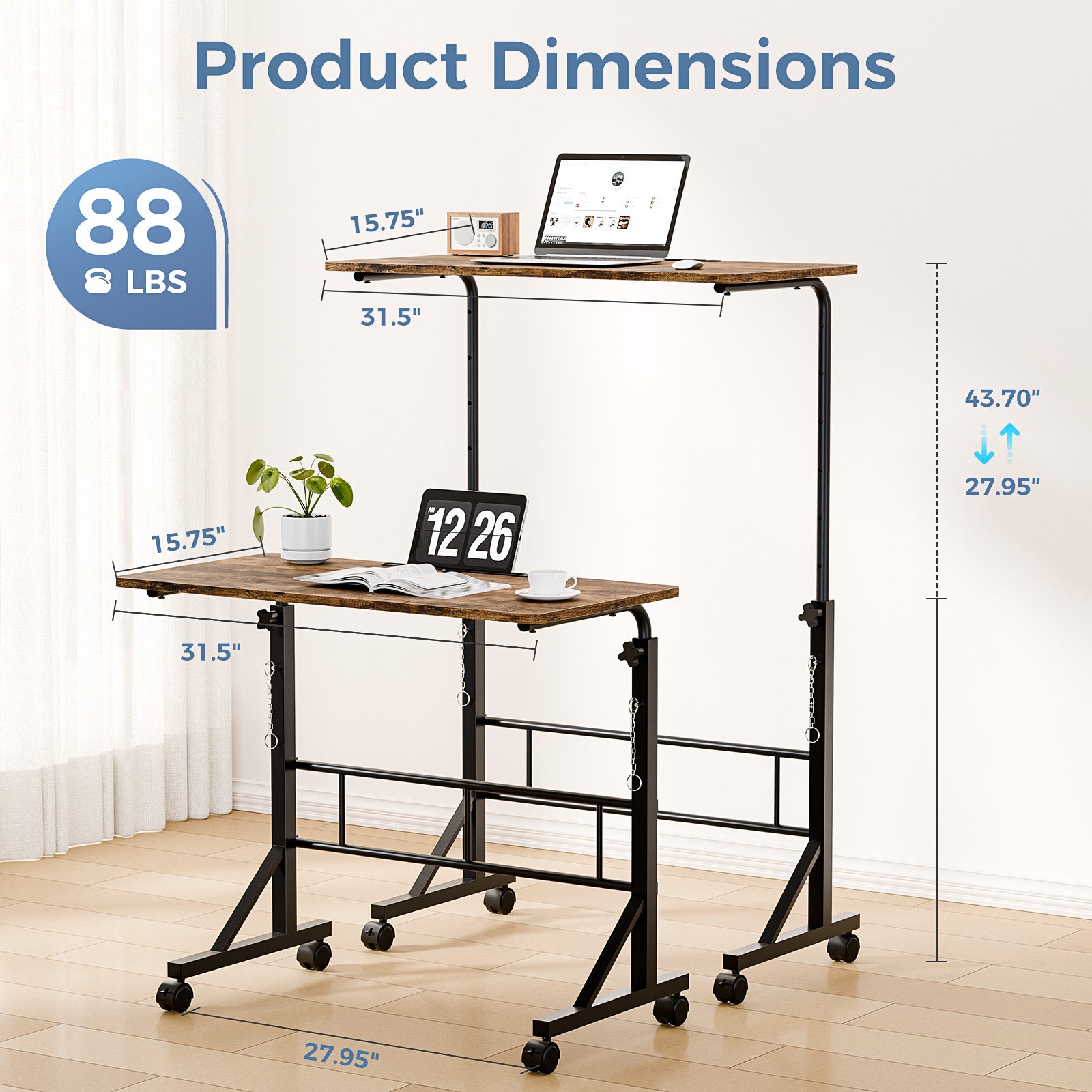 31.5-inch Adjustable-height Mobile Desk, Equipped With Locking Wheels And Clasps, Suitable For Mobile Desks And Active H