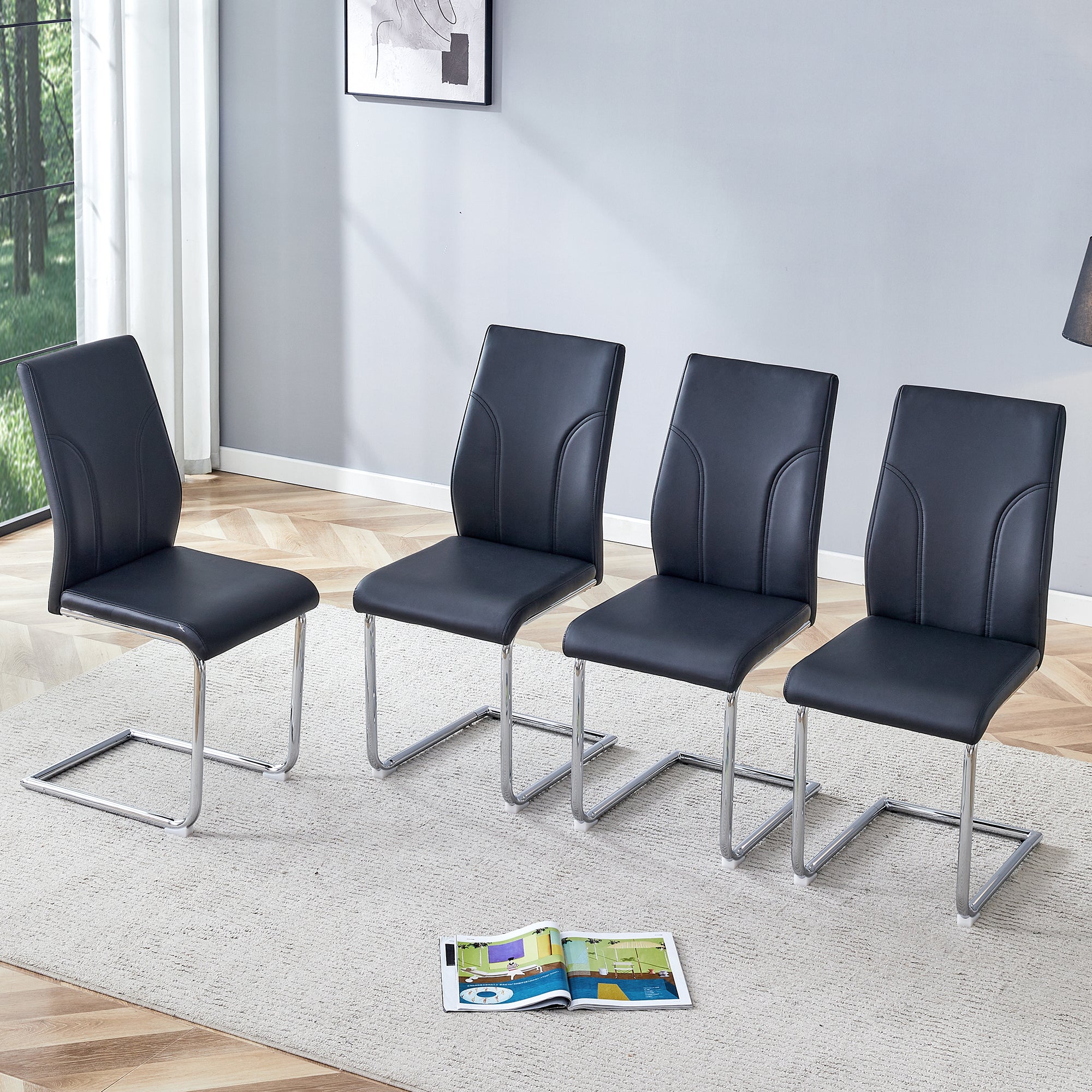 4 Dining Chair Set, Black Dining Chair Set, PU Material High Back Seat And Sturdy Leg Chair, Suitable For Dining Room, K