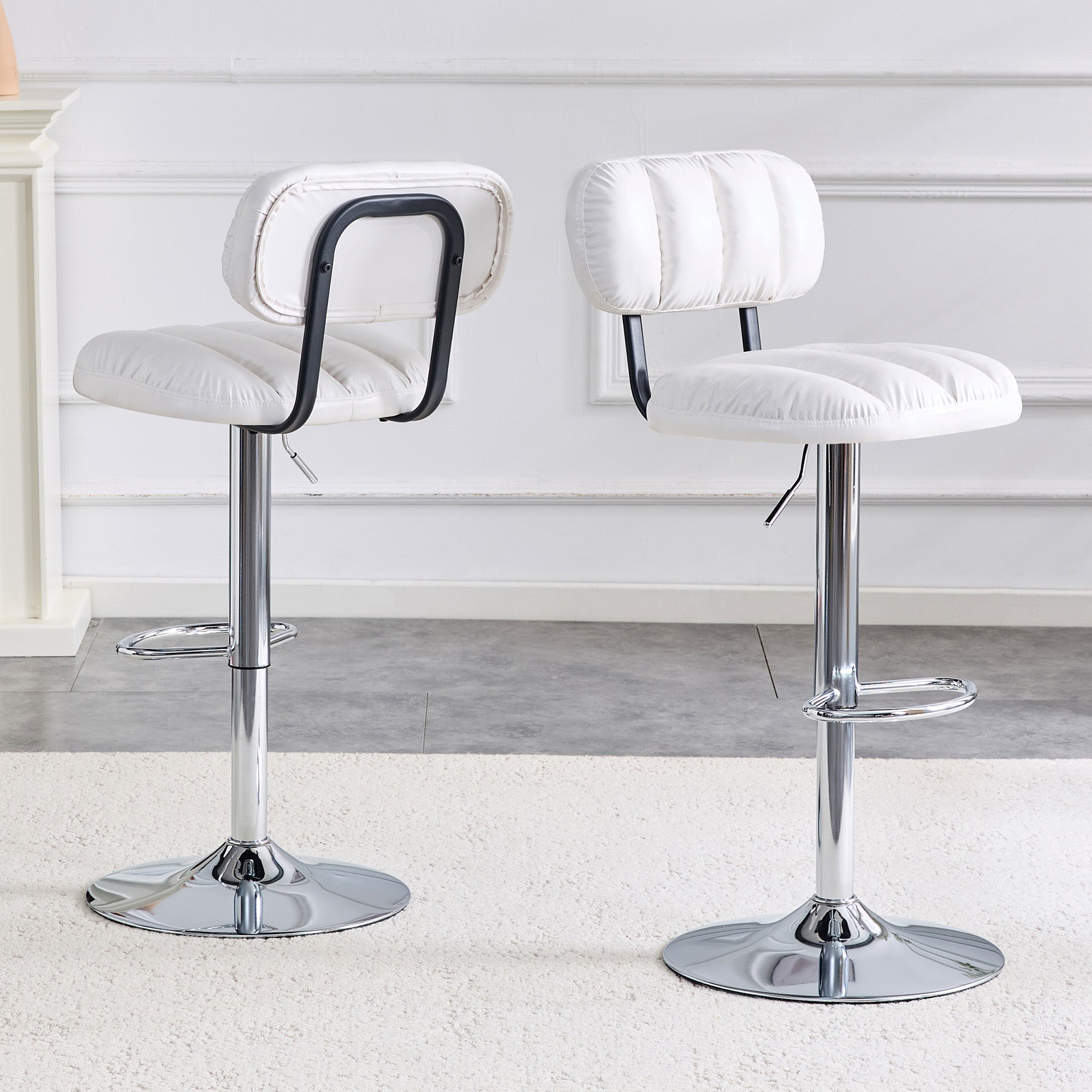 Set Of 2 Adjustable Height Bar Stools, White PU Leather Upholstered With Chrome Base & Footrest, Modern Comfort Stools F