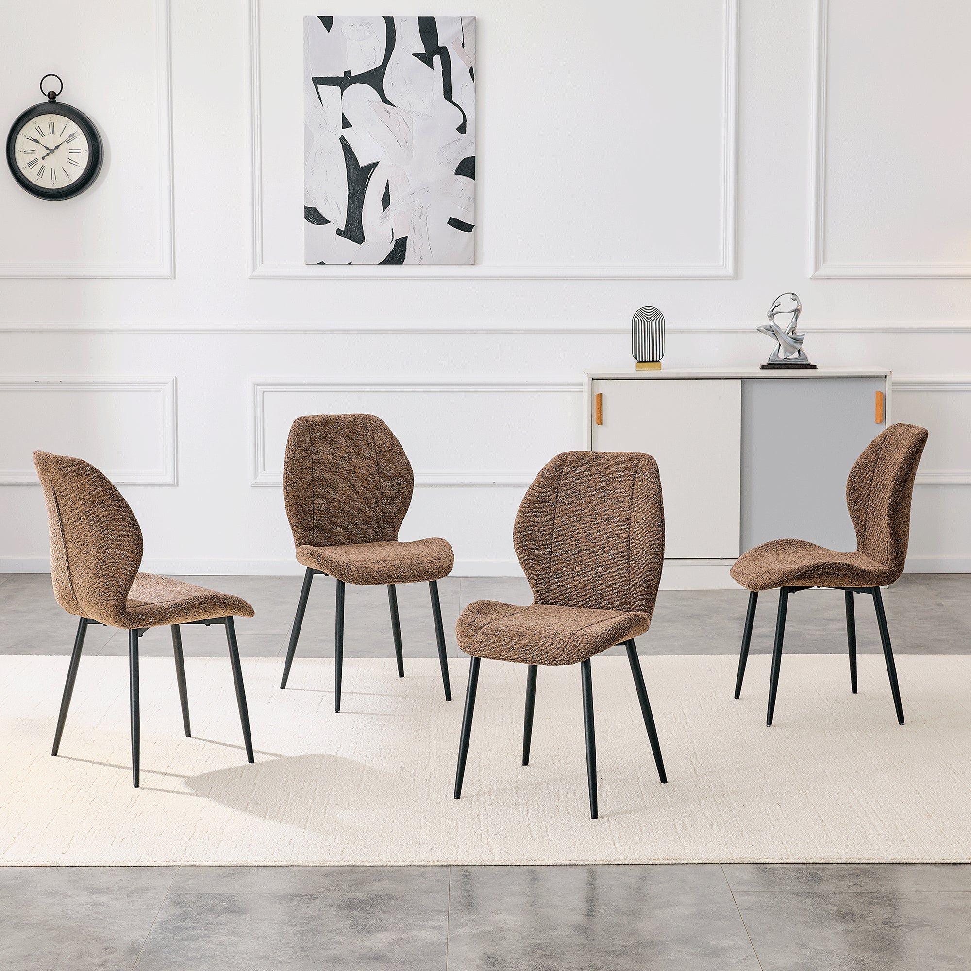 4 Sets Of Retro And Minimalist Brown Fabric Dining Chairs With Spacious And Comfortable Cushions.Black Metal Legs And Ad