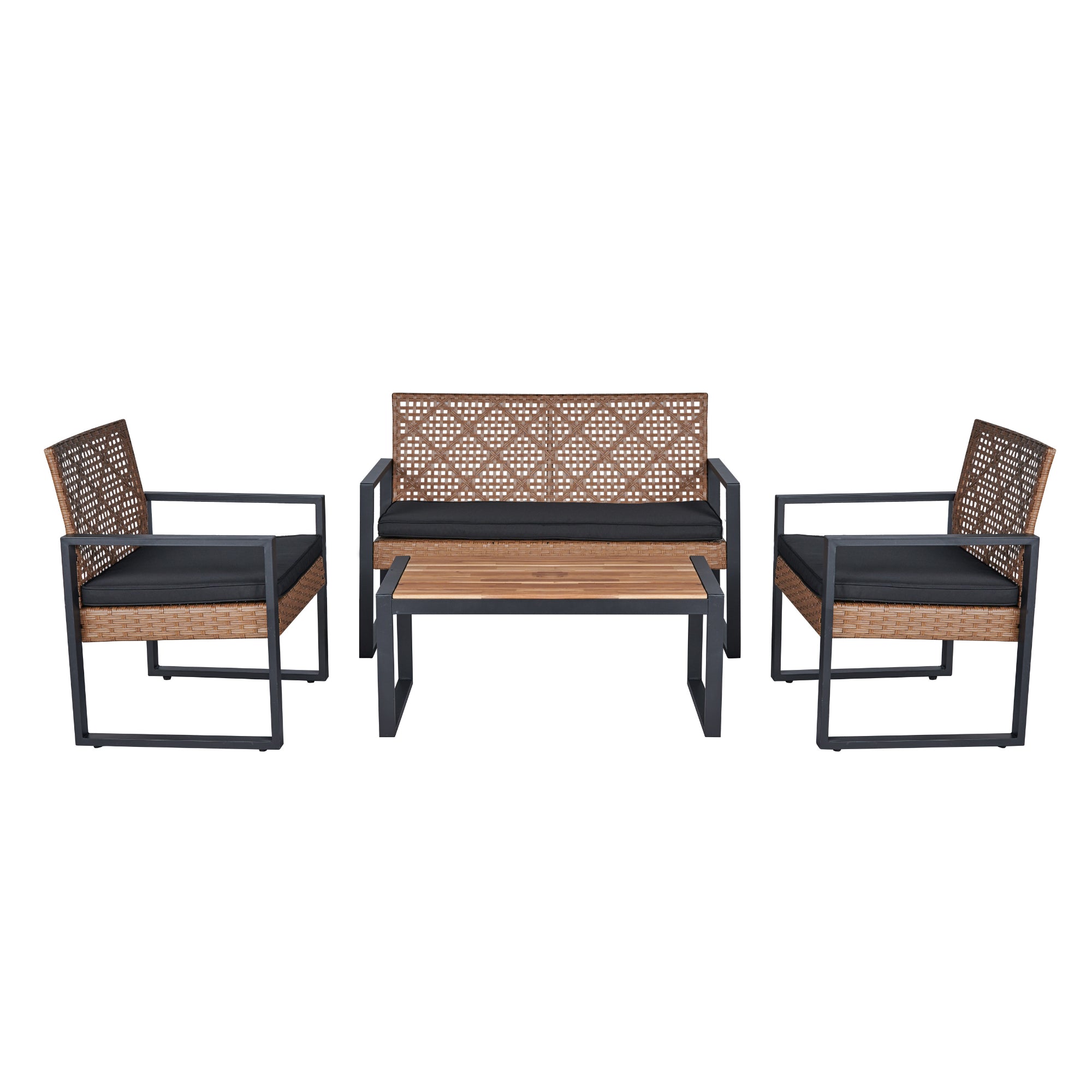 4-Piece Patio Furniture Set Outdoor Balcony Porch Garden Backyard Lawn Furniture Acacia Wood Table Top, Morden Black And