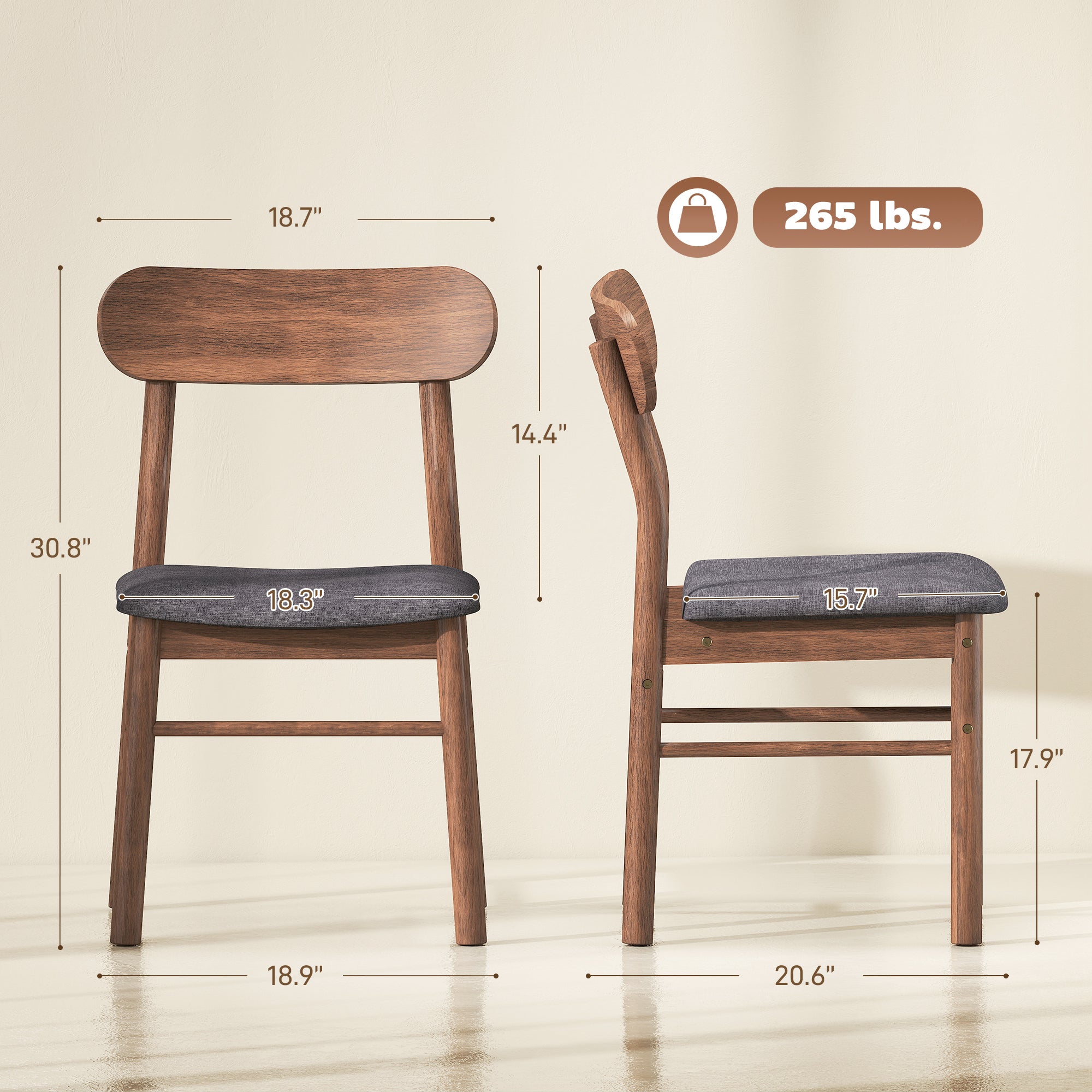 Set of 2 Dining Chairs, Upholstered Dining Room Chairs with Rubberwood Legs and Padded Seat for Kitchen, Gray
