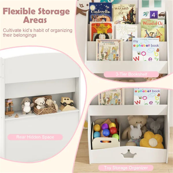 Kids 3-Tier Bookshelf & Toy Storage White - Open Compartment  Hidden Back Space