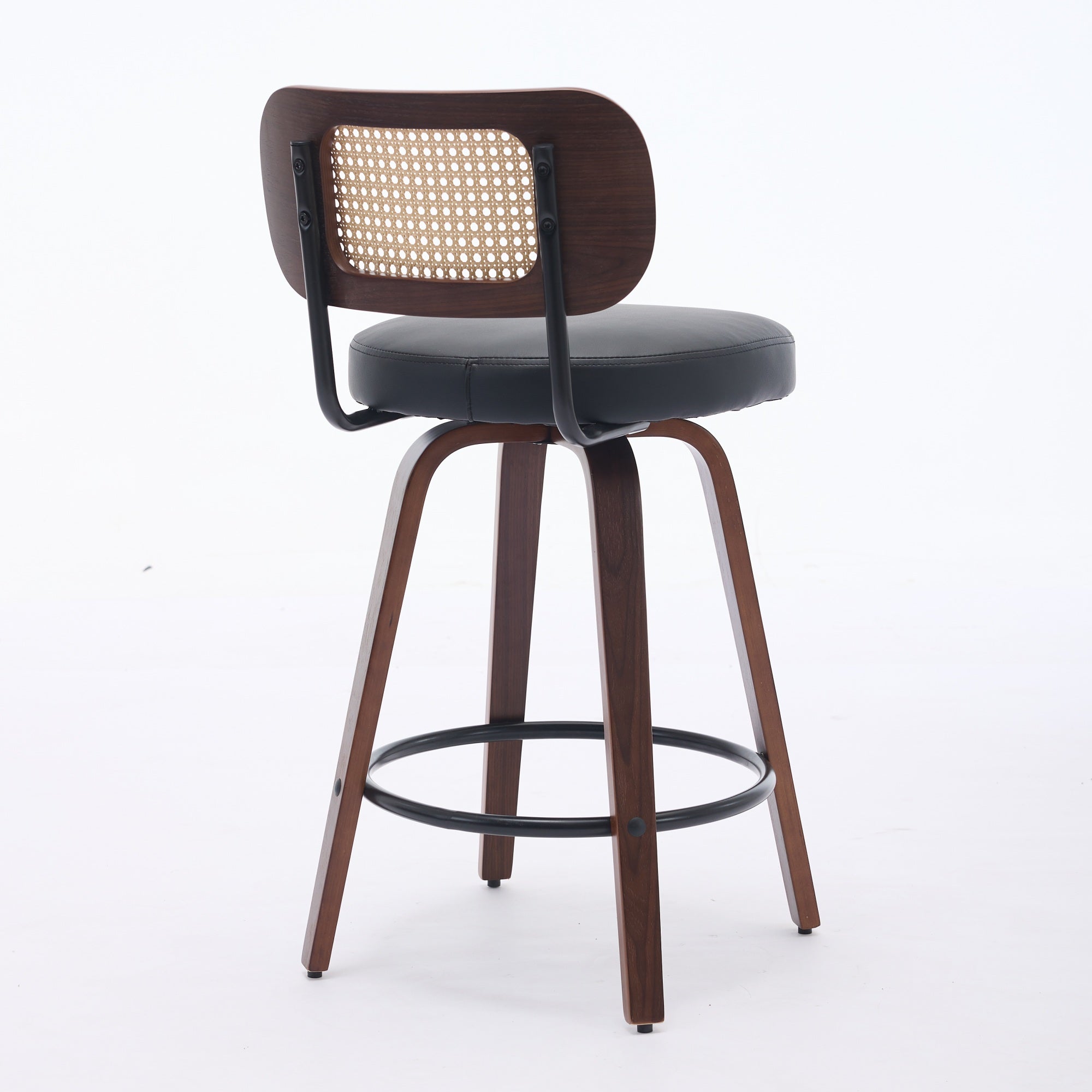 Set Of 2 Counter Height Bar Stools - 26 Inch Rattan Counter Height Stools With Cane Back, Upholstered Seat, Walnut Craft