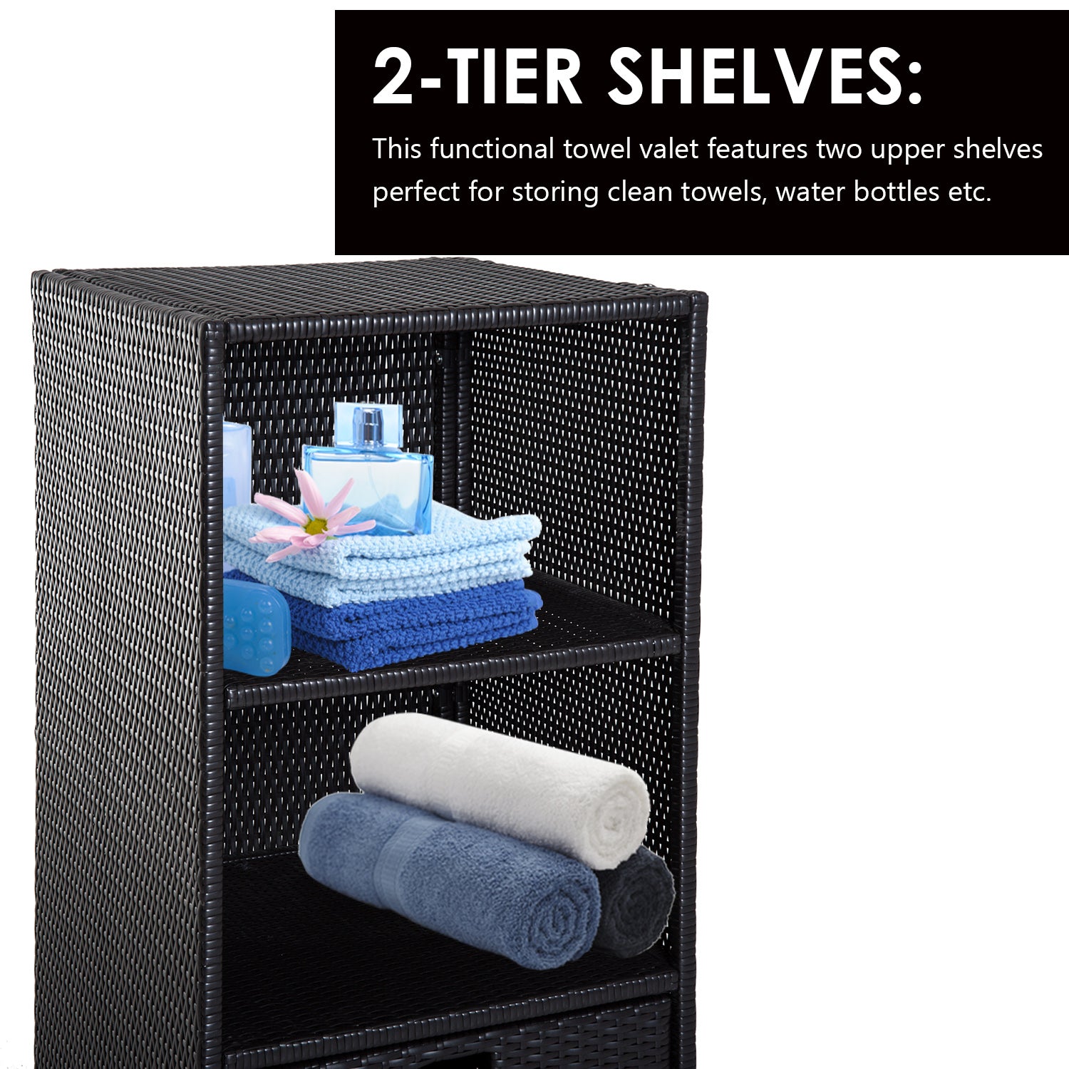 Poolside Towel Cabinet, Rattan Wicker With Storage,2-Tier Shelves And Bottom Drawer, For Pool, Patio Backyard, 47", Dark