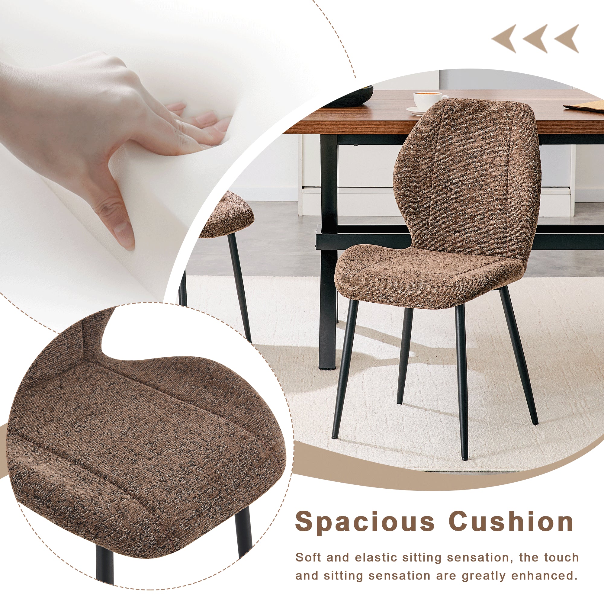 4 Sets Of Retro And Minimalist Brown Fabric Dining Chairs With Spacious And Comfortable Cushions.Black Metal Legs And Ad